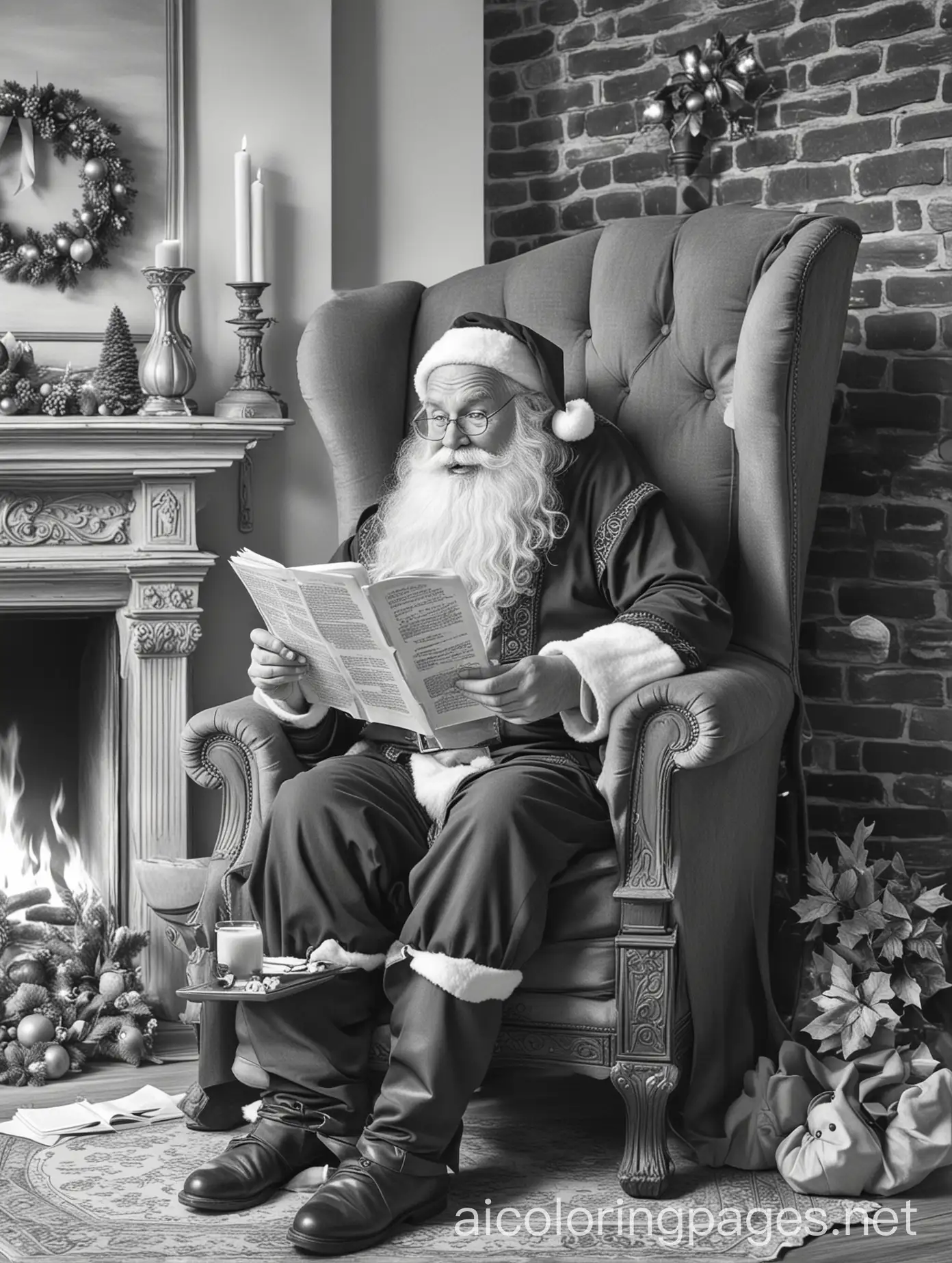 A robust, jolly Santa, sitting in an old victorian wingback chair, in front of a blazing fireplace, with cookies and milk on a table, the firelight glinting off of Santa's face, and Santa reading a list,, Coloring Page, black and white, line art, white background, Simplicity, Ample White Space
