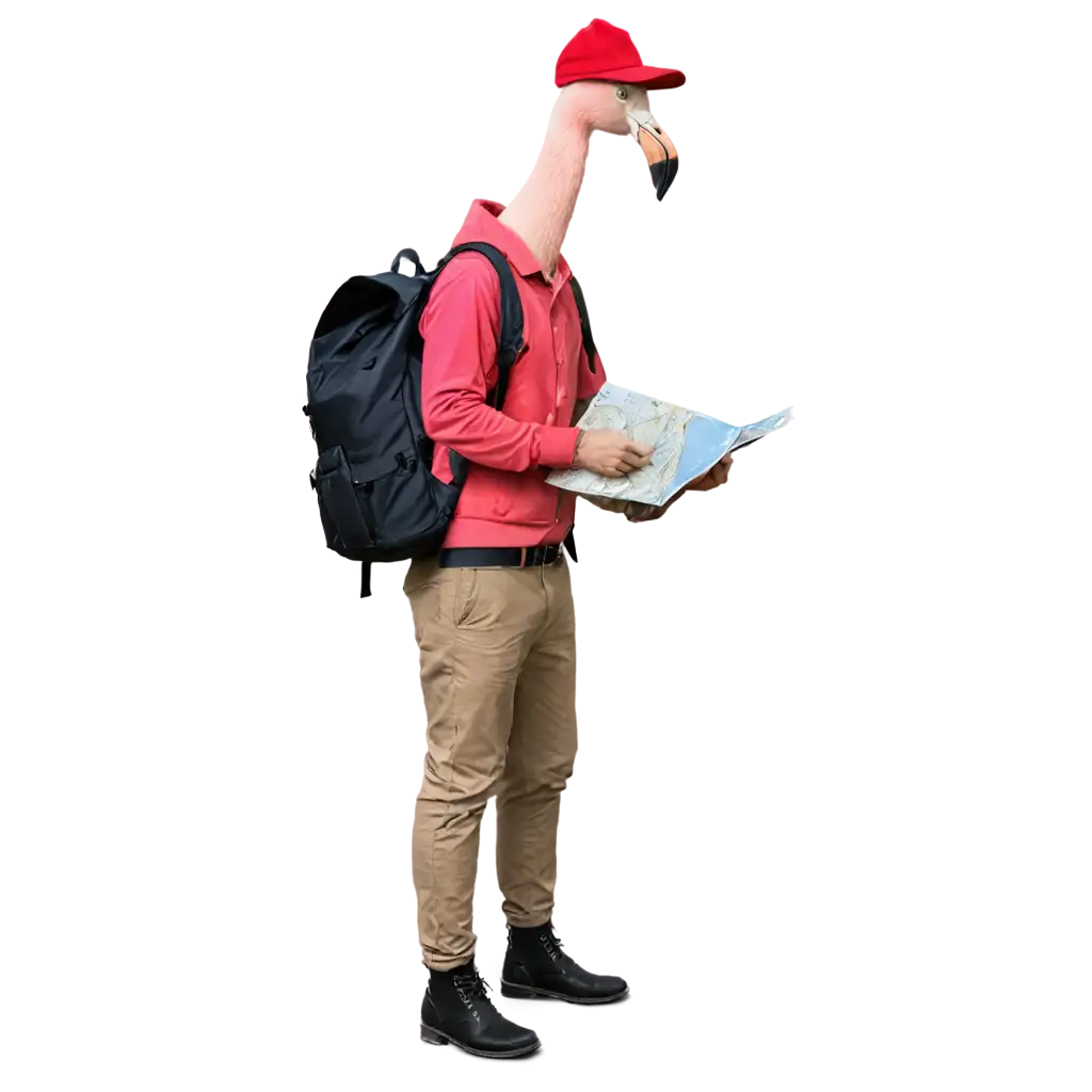 flamingo in a hat with a rucksack going on holiday, holding a map in his hands, photo, full height

