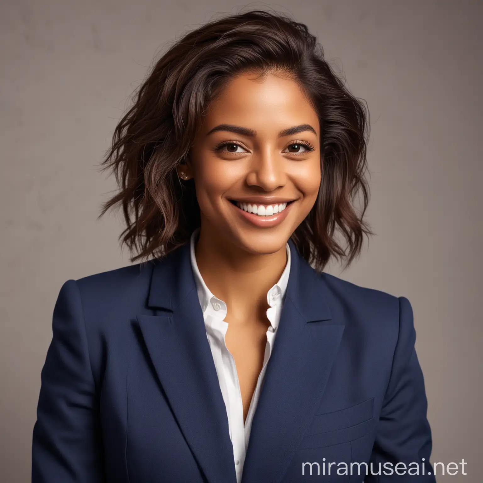 Confident African American Businesswoman in Navy Blue Suit Smiling