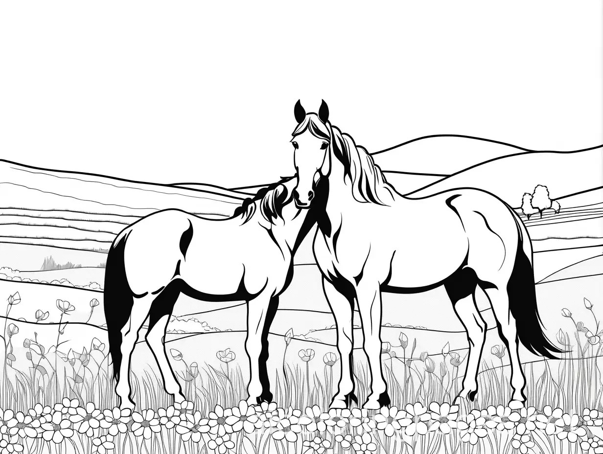 one horse and a filly standing in a field with flowers, Coloring Page, black and white, line art, white background, Simplicity, Ample White Space. The background of the coloring page is plain white to make it easy for young children to color within the lines. The outlines of all the subjects are easy to distinguish, making it simple for kids to color without too much difficulty
