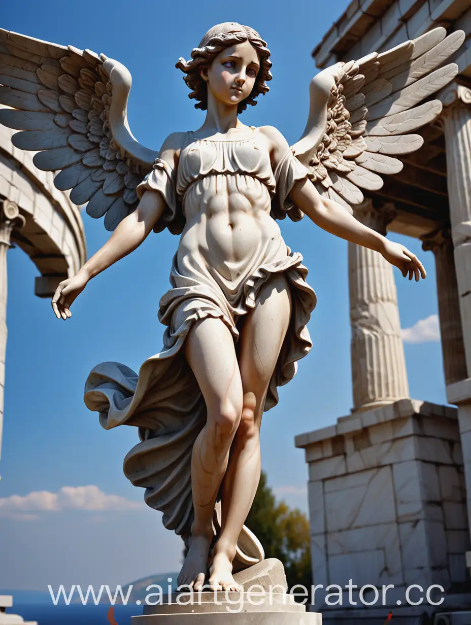 (best quality, dynamic angle, highest detailed)  Пинап,Плачущий ангел, в полный рост, standing, каменная статуя греческой девушки, (стоит на пьедестале), длинные ноги, расправленные крылья, короткие волосы, каменная кожа
