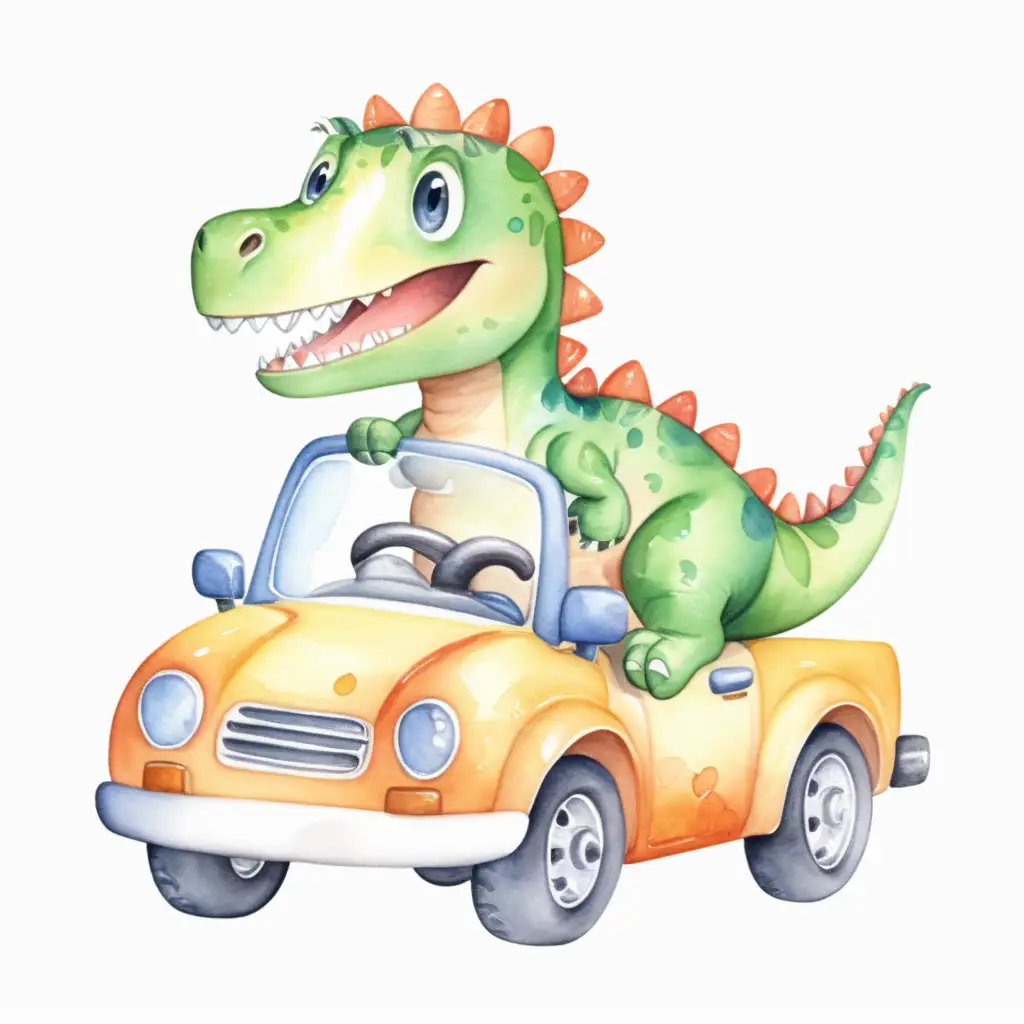 En söt dinosaurier som kör en bil  med vattenfärg 