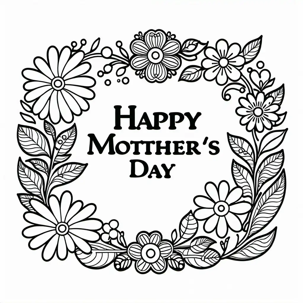 Mothers day, Coloring Page, black and white, line art, white background, Simplicity, Ample White Space. The background of the coloring page is plain white to make it easy for young children to color within the lines. The outlines of all the subjects are easy to distinguish, making it simple for kids to color without too much difficulty