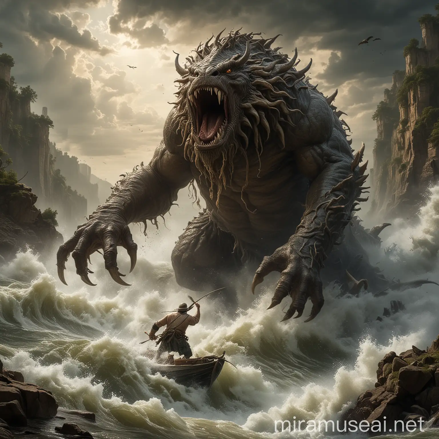 Herculean fisherman battling a monstrous river beast