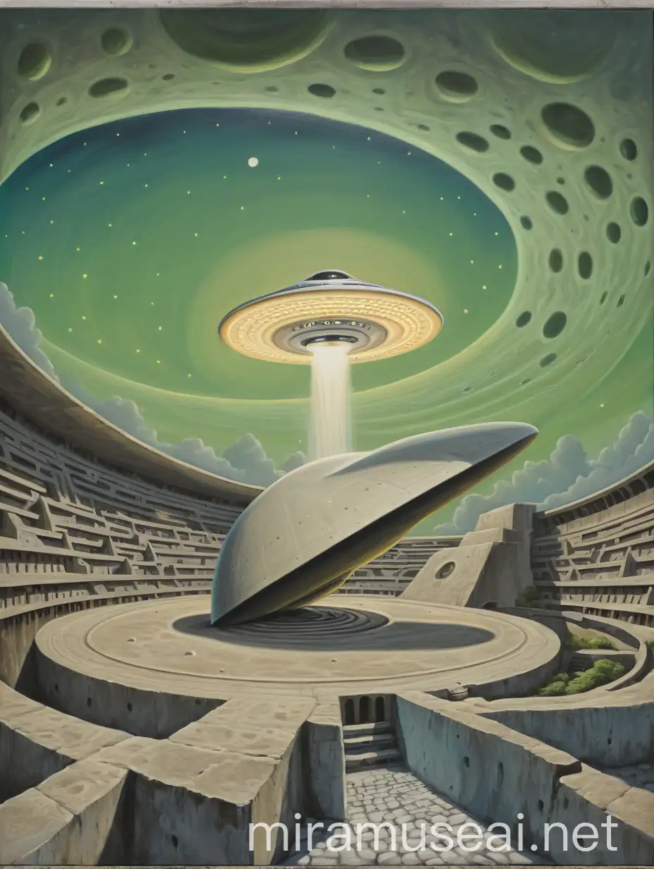 Highly detailed painting, a flying saucer swoops low over a concrete maze with a moon hanging low in the sky, use muted colors only, wide view, high quality