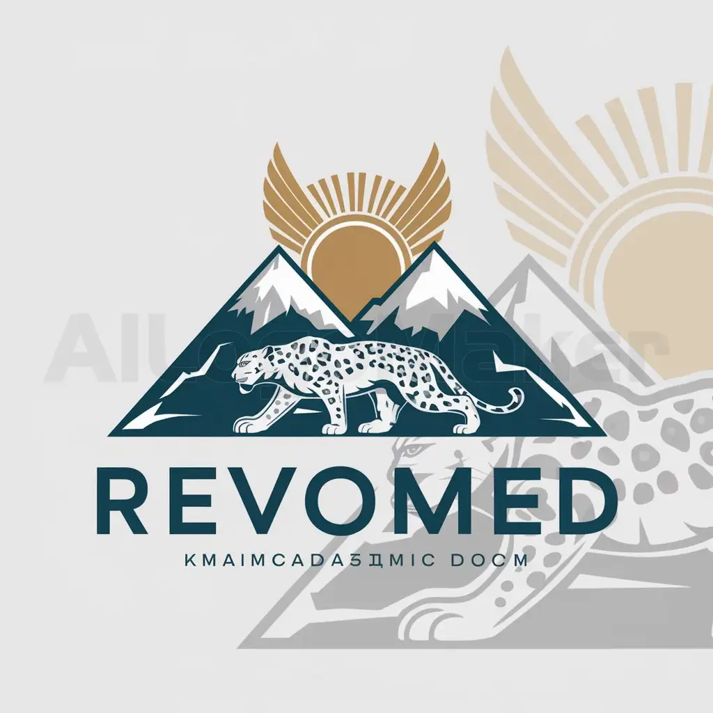 a logo design,with the text "REVOMED", main symbol:Kazakhstan, mountains, leopard.white,Moderate,clear background