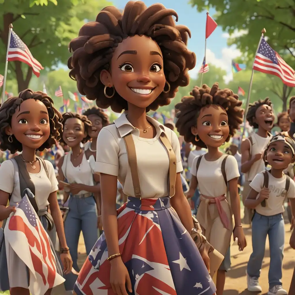 defined 3D cartoon-style African Americans at the park with Juneteenth flags smiling 