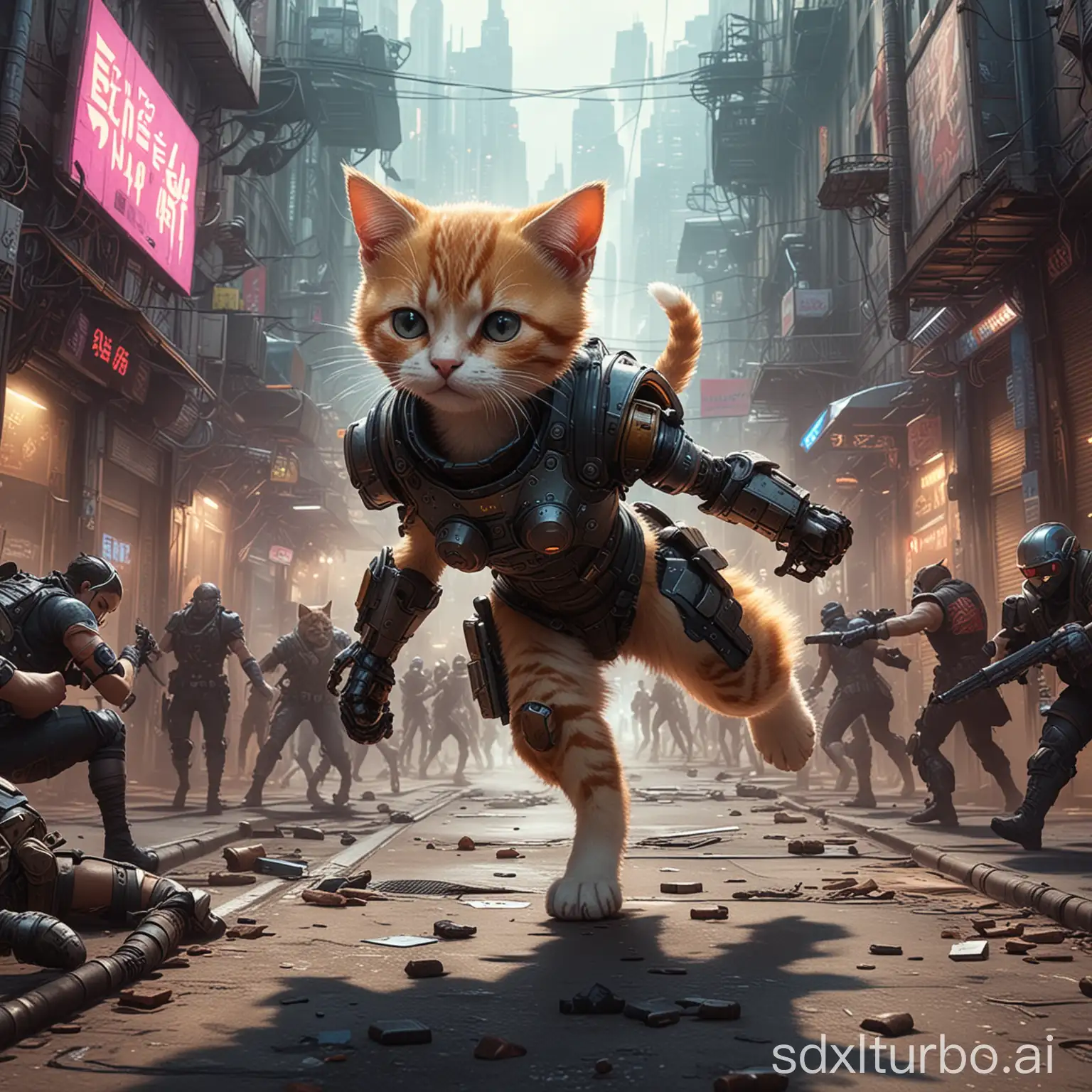 Mechanical brawls and kittens duel on the cyberpunk-style streets.