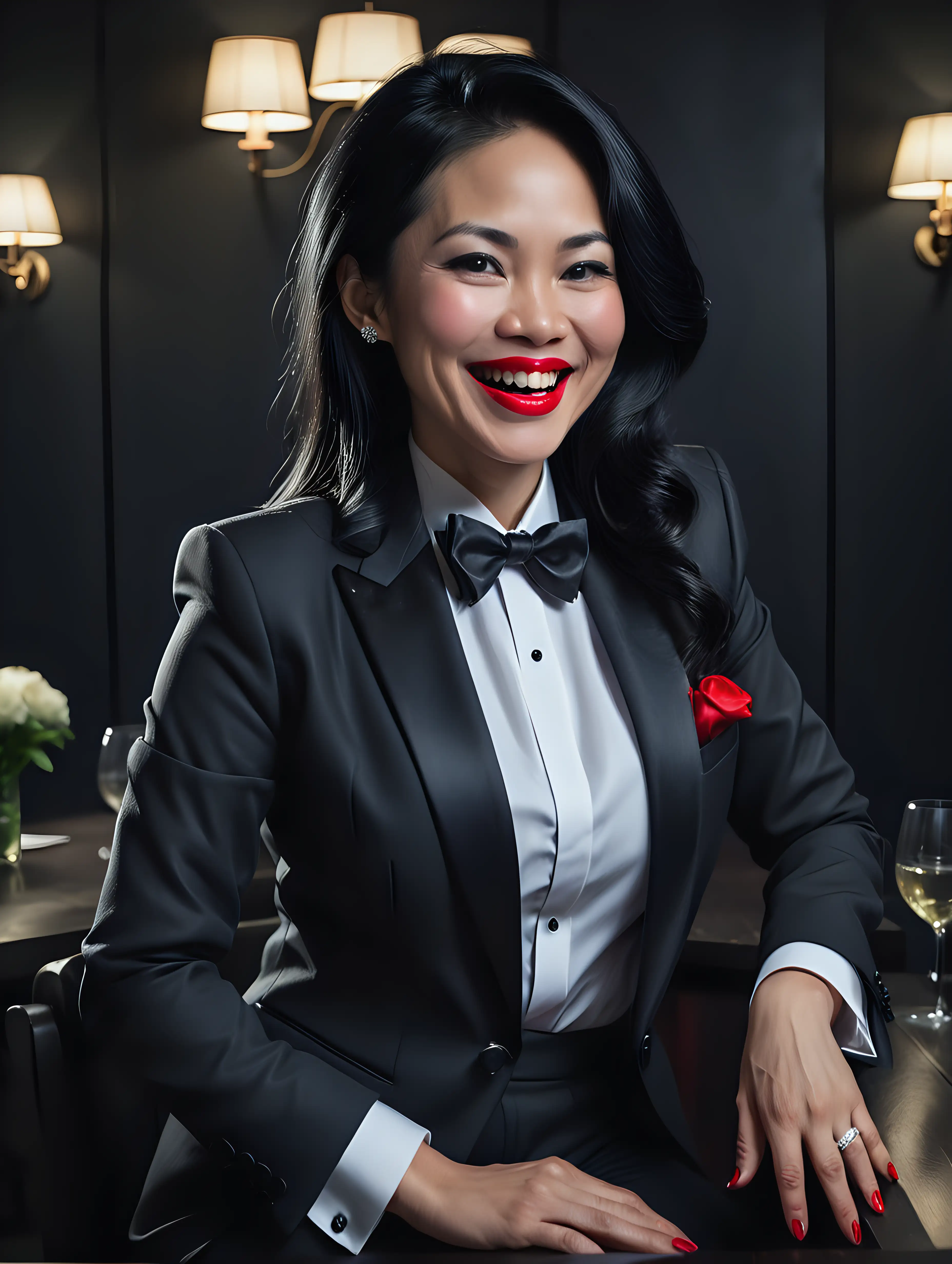 A pretty 40 year old Vietnamese woman with long black hair and red lipstick is sitting at a table in a dark room. She is smiling and joyful and ecstatic. She is wearing a tuxedo. (Her jacket is open.) (Her pants are black.) Her shirt is white with a black bow tie. Her cufflinks are large and black. Her jacket has a corsage.