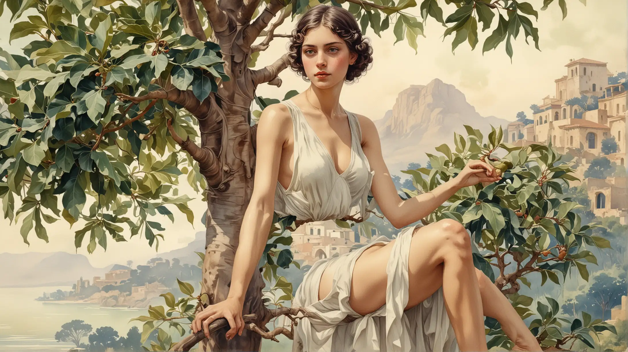 soft watercolor of a very beautiful slim sexy teenage girl taking care of a fig tree, ancient Galilean landscape as background, art deco style, vintage, grange, ultra-detailed, beautiful