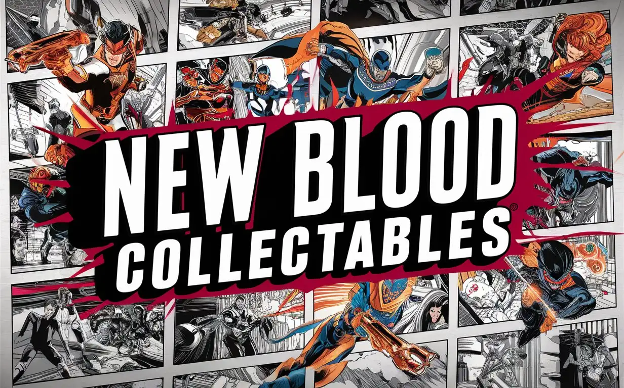 --chaos 500,  8k 16k banner 'New Blood Collectables' inspired add bold text"New Blood Collectable" complex "New Blood Collectables" card include name "New Blood Collectables" "Description:  Dive into a world of action-packed comics, stunning artwork, and limited-edition figurines that celebrate the courage and strength of these dynamic new champions. From daring feats to epic battles, this collection captures the excitement and energy of the superhero genre in all its glory." manga banner premium 14PT card stock authenticated breathtaking 8k 16k visuals, radiating with vibrant uhd palette of uhd colors, uhd detailed uhd atmosphere, intricate uhd details, 