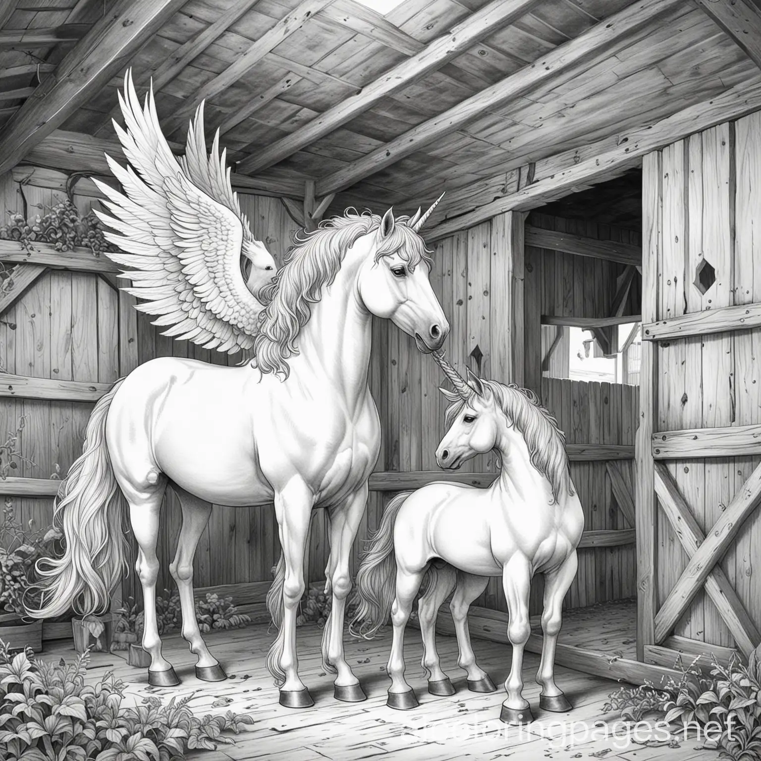 pegasus and a unicorn in a barn for coloring, Coloring Page, black and white, line art, white background, Simplicity, Ample White Space. The background of the coloring page is plain white to make it easy for young children to color within the lines. The outlines of all the subjects are easy to distinguish, making it simple for kids to color without too much difficulty