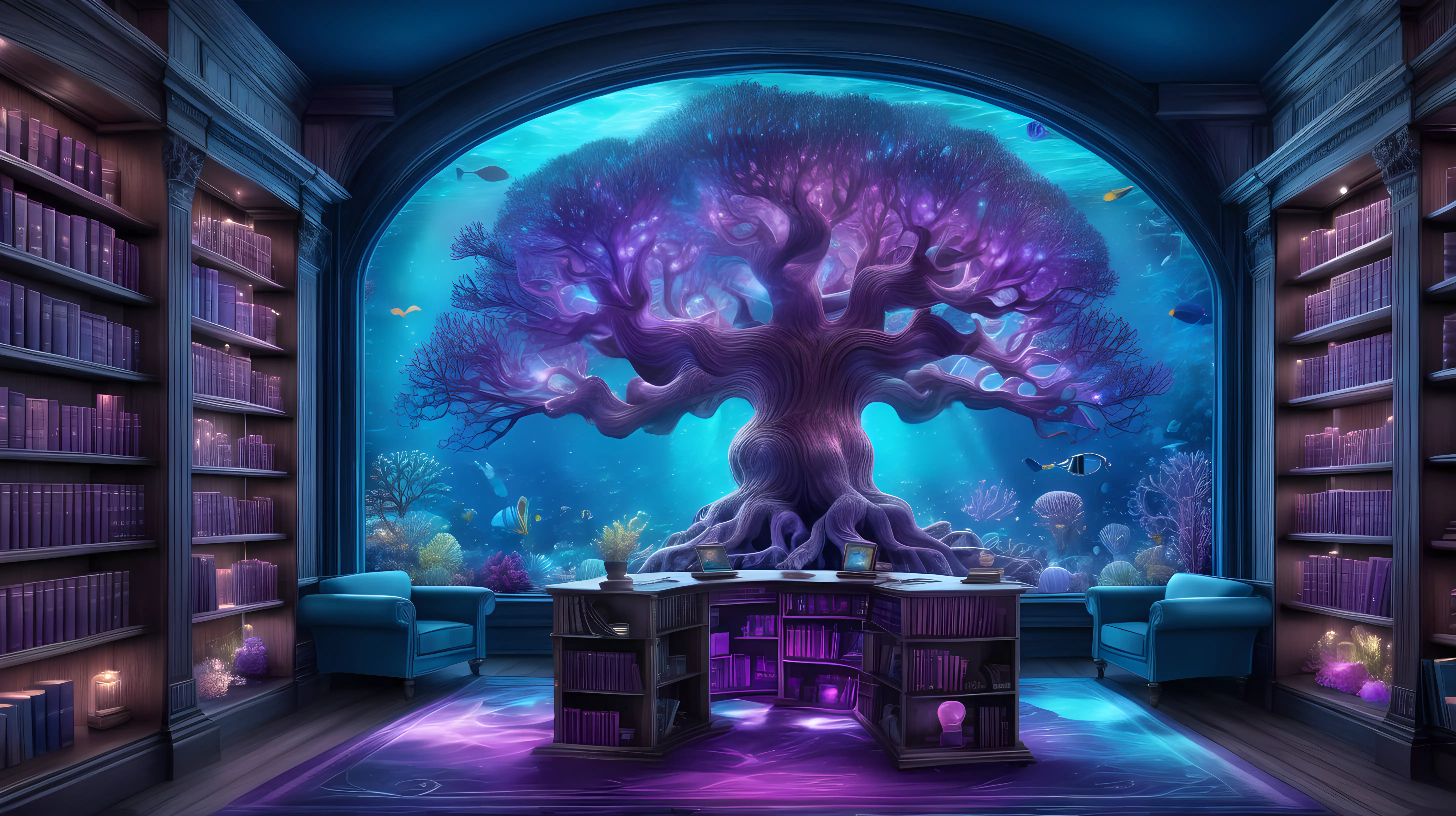 Ocean library with water-floors, a majestic-giant-magical-tree glowing-with potions and bright blues lights and bright purple lights of Blues and turquoise with purple-corals of magical potions on dark wooden bookshelves and a window showing a underwater ocean coral garden with colorful lights