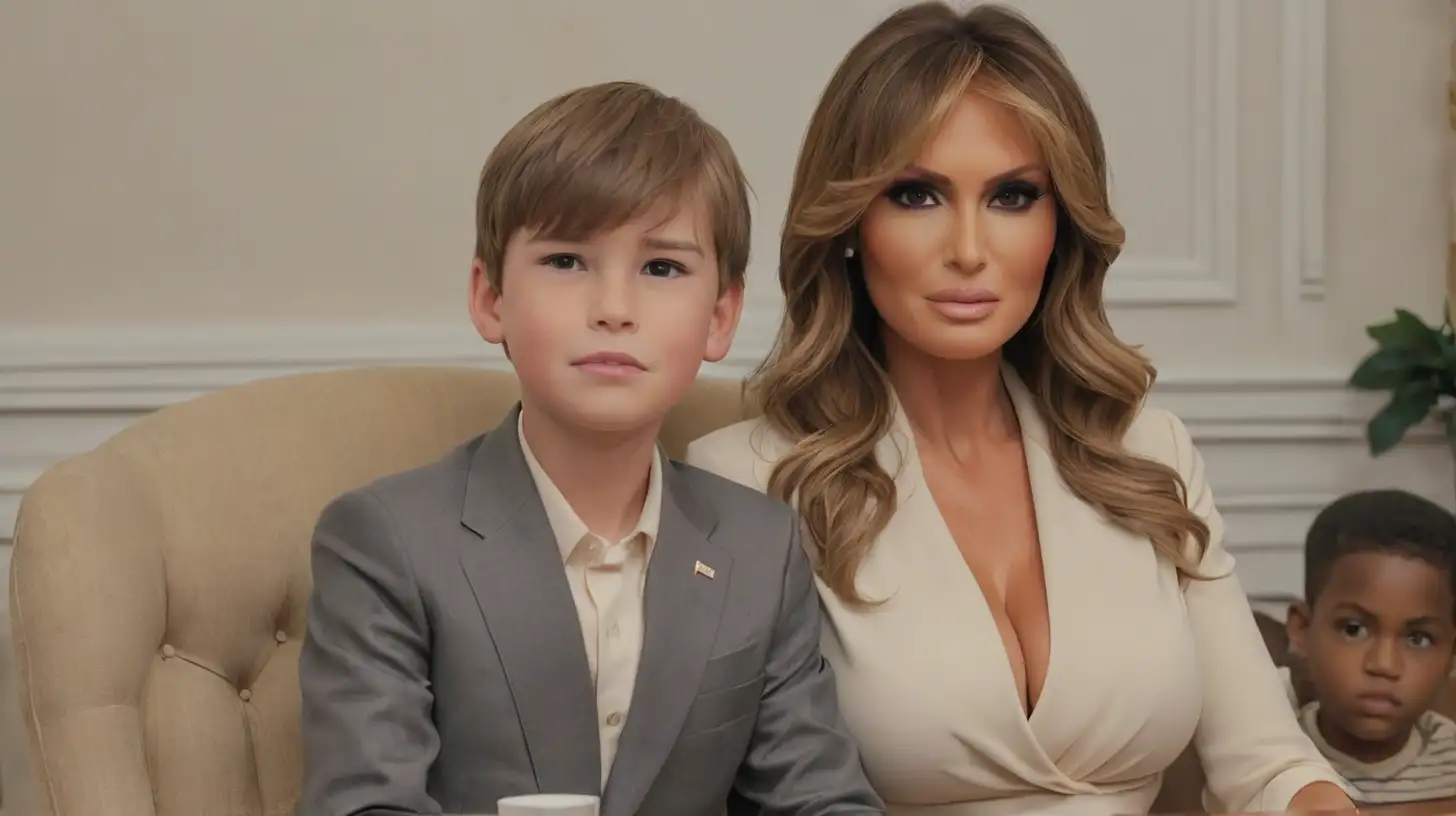 Melania Trump Sitting with a Boy Elegant Pose and Charismatic Presence