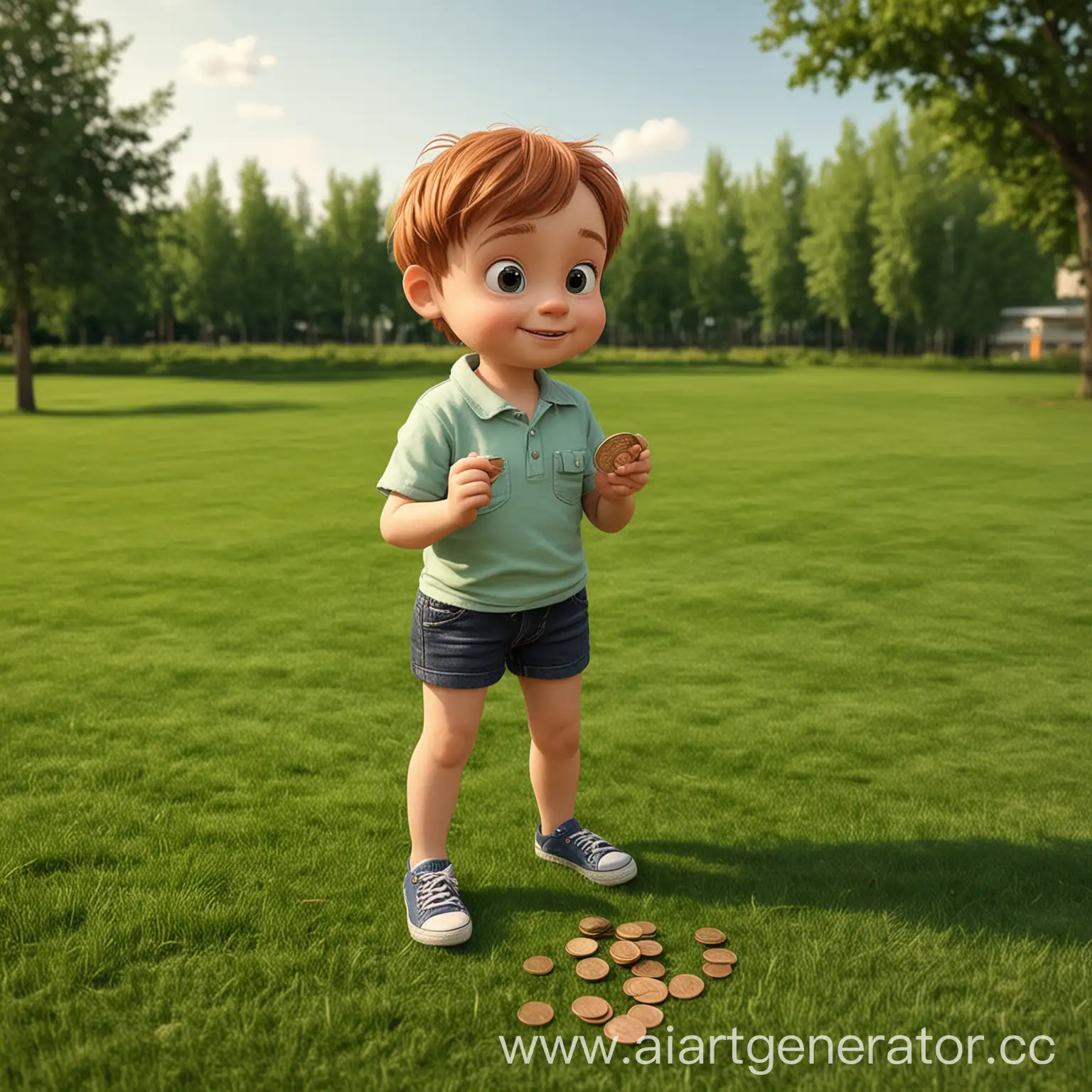 Мультяшный ребенок стоит на поляне с травой и держит в руках монету 5 копеек