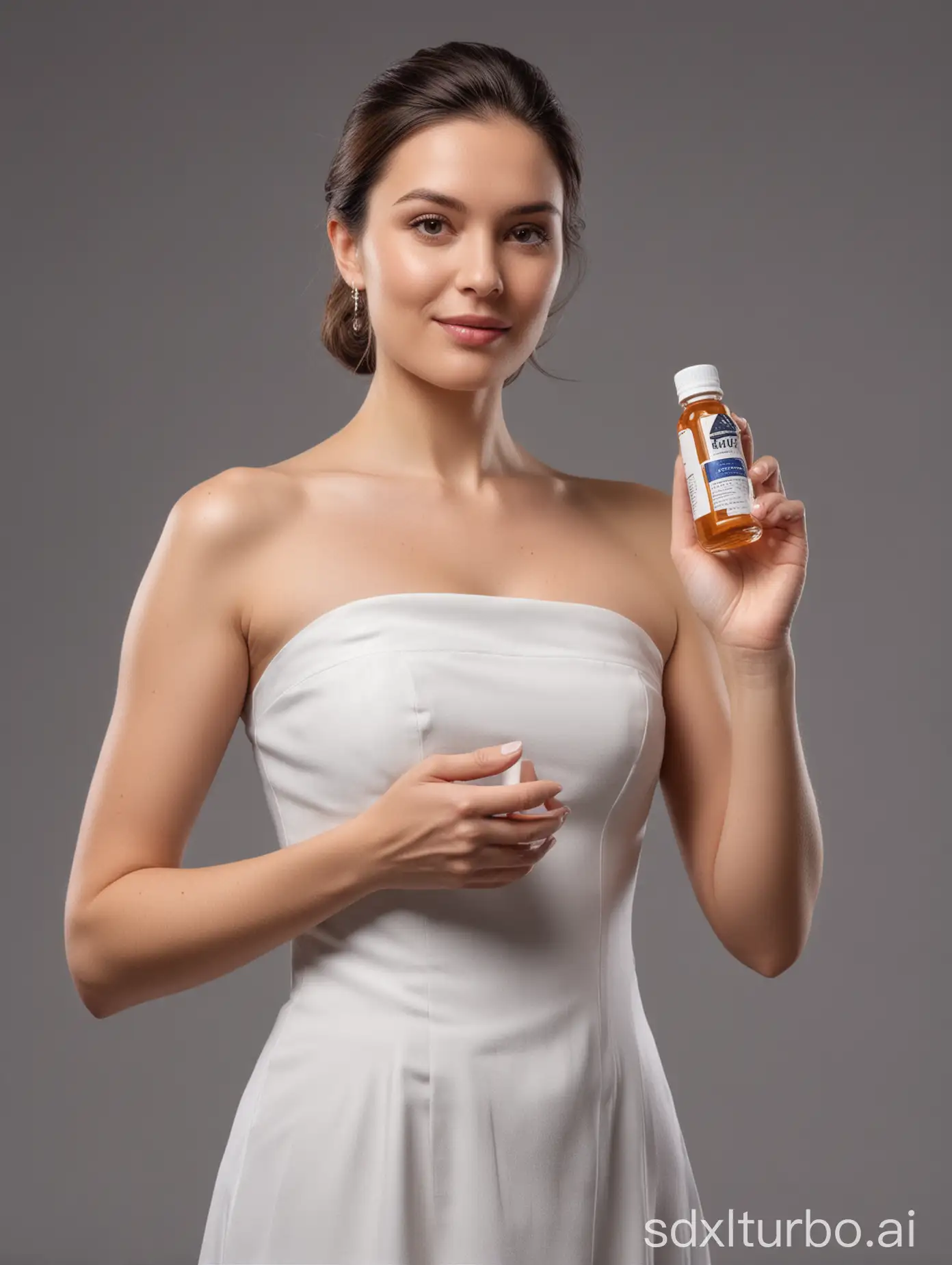 wearing a strapless dress, holding a medicine bottle, elegant posture with hand positioned under the neck, confident expression, gracefully showcasing the label to the viewer with a steady hand, fingers delicately tracing the details on the label, precise hand positioning, healthcare product presentation, indoor studio setting, bright lighting, high-quality image