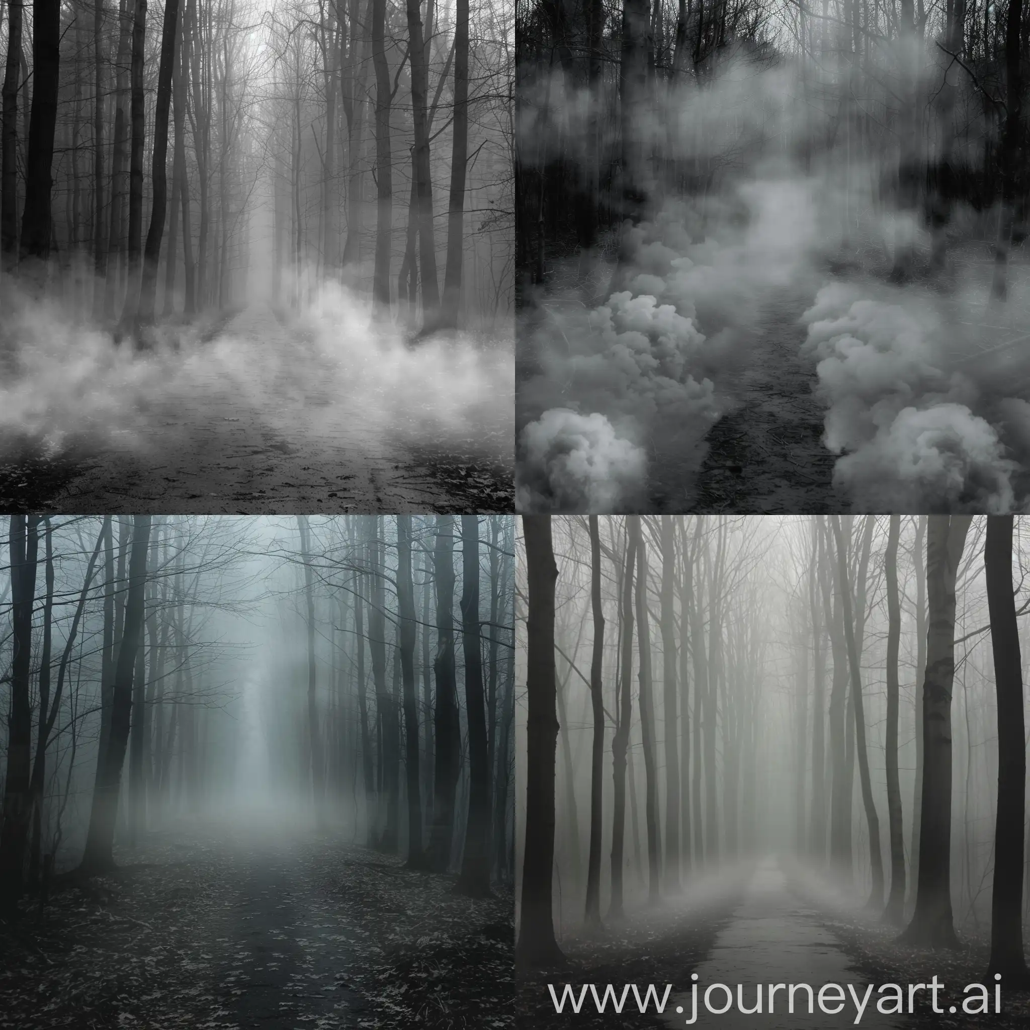 forest, very thick fog, thick fog spreading along the ground, straight path in the middle, gloomy, horror style