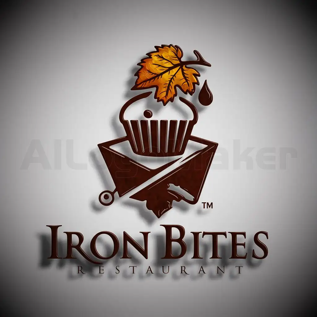 a logo design,with the text "IRON BITES", main symbol:cupcake CONMORDIDADACON UNA HOJA VERDE Y UNA GOTA DE SANGRE,Moderate,be used in Restaurant industry,clear background