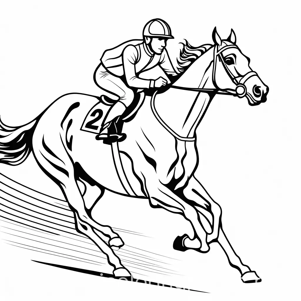horse racing, Coloring Page, black and white, line art, white background, Simplicity, Ample White Space. The background of the coloring page is plain white to make it easy for young children to color within the lines. The outlines of all the subjects are easy to distinguish, making it simple for kids to color without too much difficulty