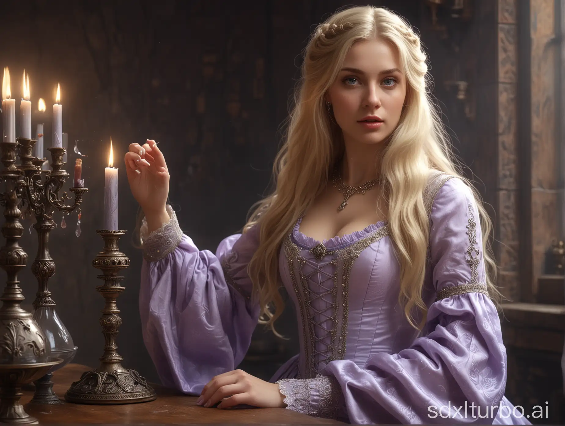 Incredibly beautiful long-haired blonde about 22 years old with blue cold eyes, in a lovely light lilac medieval dress with a deep bodice, witchcraft over a transparent goblet of waterB around her a lot of magical paraphernalia,  perfect composition, beautiful detailed intricate insanely detailed octane render trending on artstation, 8 k, photorealistic concept art, soft natural volumetric cinematic perfect light, chiaroscuro,  masterpiece, greg rutkowski 