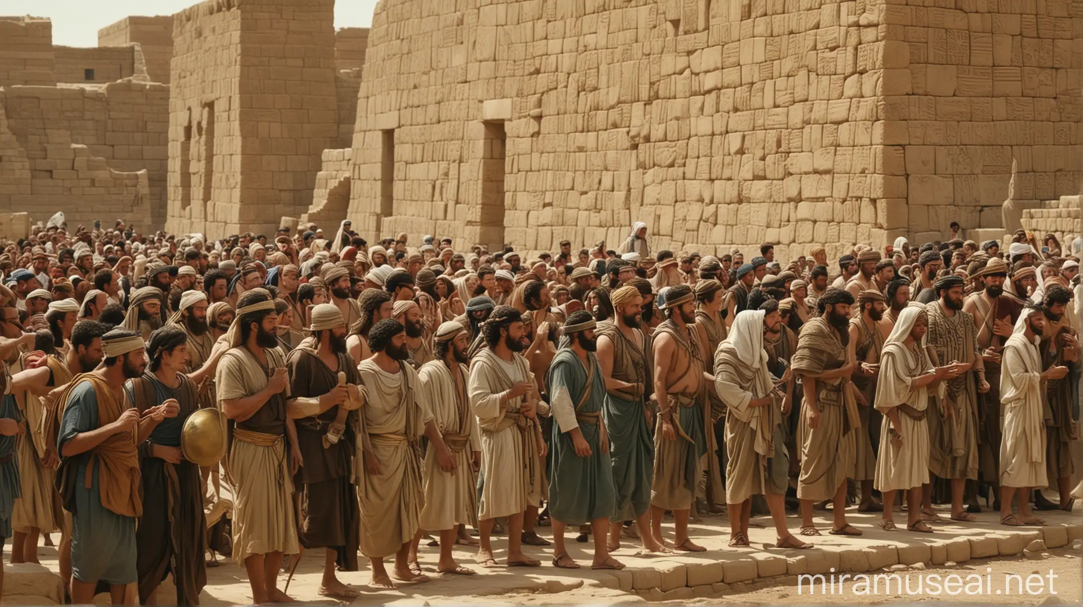 Ancient Babylonian Cityscape with Diverse People in Traditional Garb