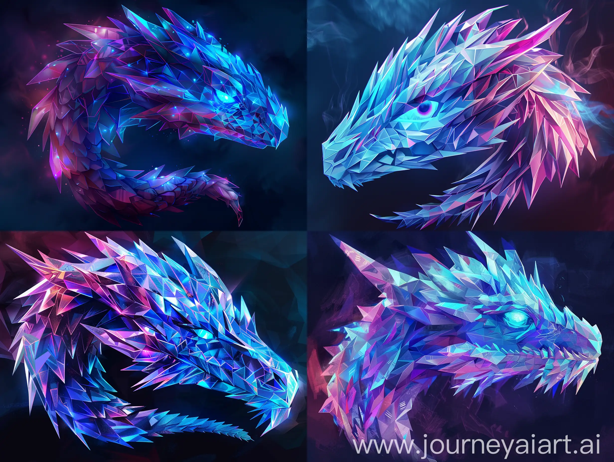 Generate a digital artwork of a dragon head in a low poly style, featuring sharp, angular facets. The dragon should appear majestic and ethereal, with a color palette that includes electric blues, vivid purples, and hot pinks. Highlight the dragon's eye with a luminous blue glow, set against a dark background to make the colors pop.