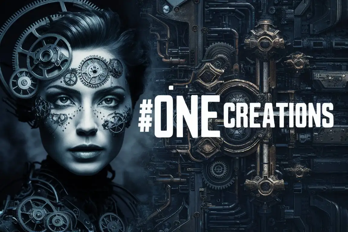 middle right write '#one creations' against a complex dieselpunk woman face background