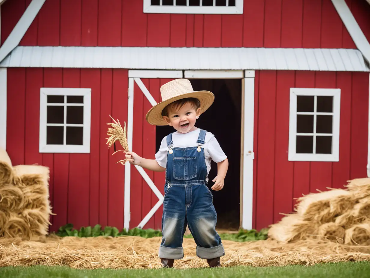 A little boy dressed as a farmer playing by a red barn 
