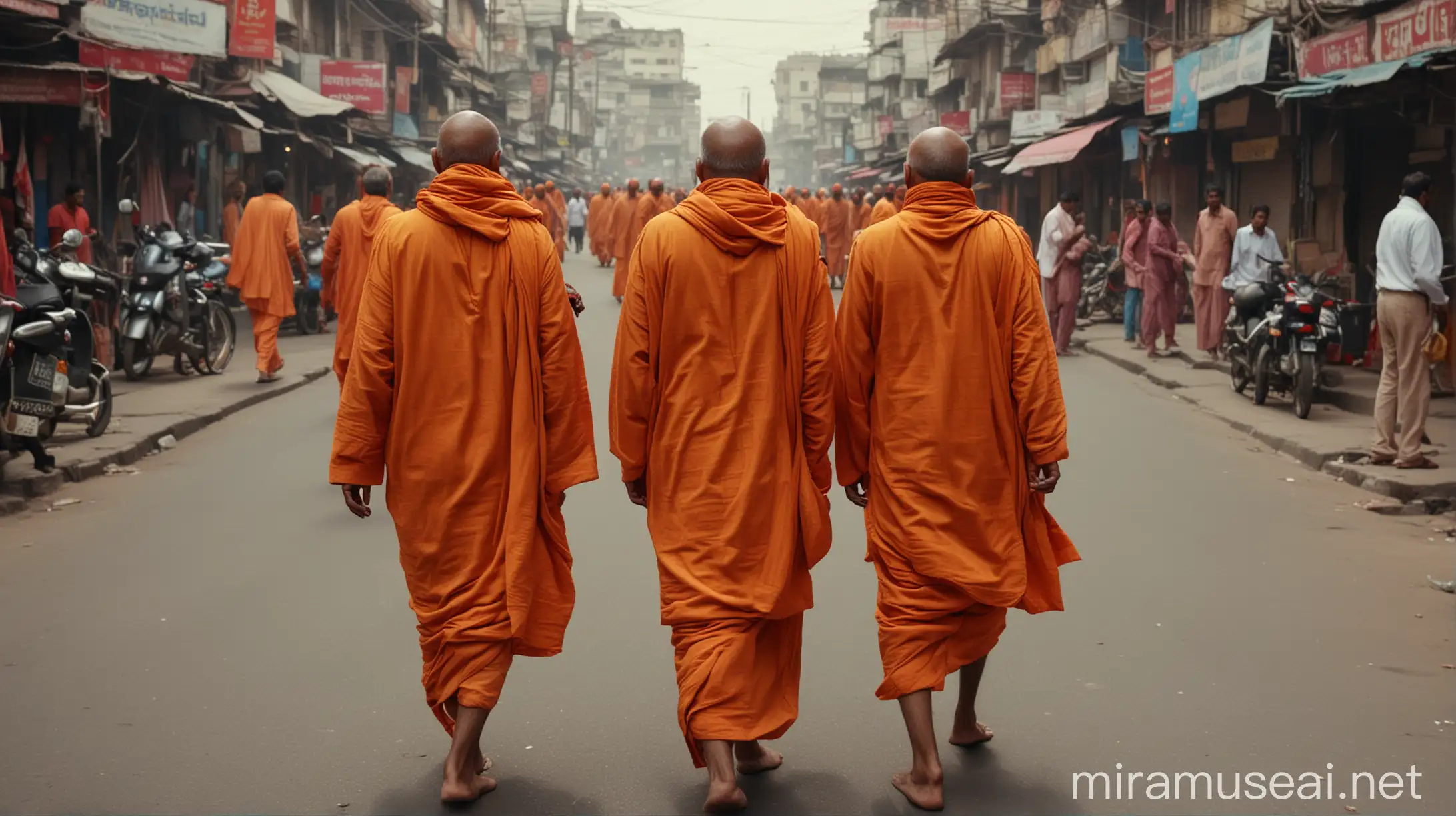 3 indian sadhus wear orange dress, walking on busy indian road, shot from behind
