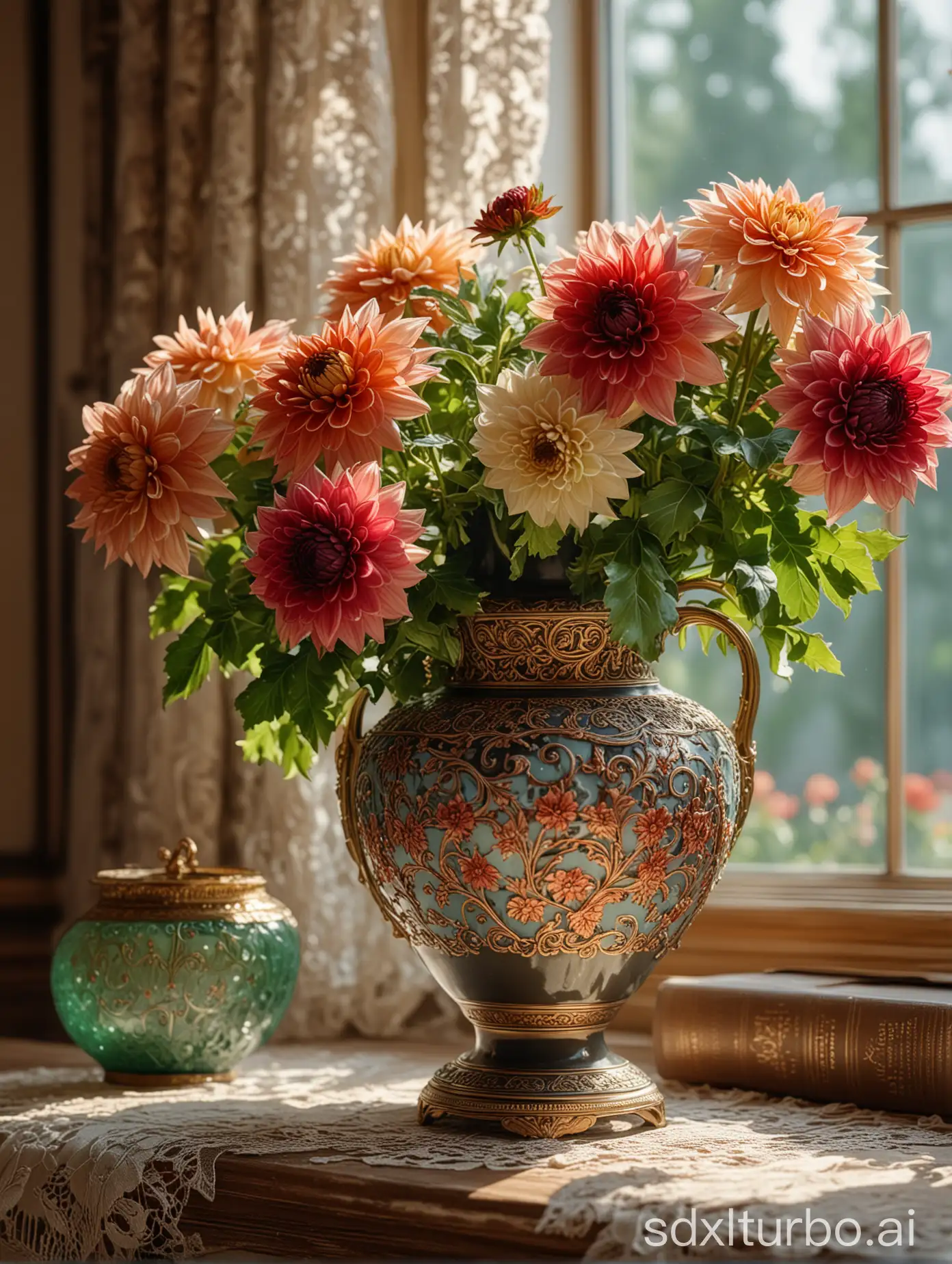 Luxuory porcelaine vase with colorful dahlias, many details, a masterpiece in the style of the works of Alphonse Mucha,lace draperies, sunlight, many details, a masterpiece,  luxuory decor vintage books, pearls emeralds, rubies, window at background, 8k realistic, intricate details, Professional photography, bokeh, natural lighting, canon lens, high contrast, high resolution intricate details, HDR, beautifully shot, hyperrealistic, sharp focus, 64 megapixels, perfect composition