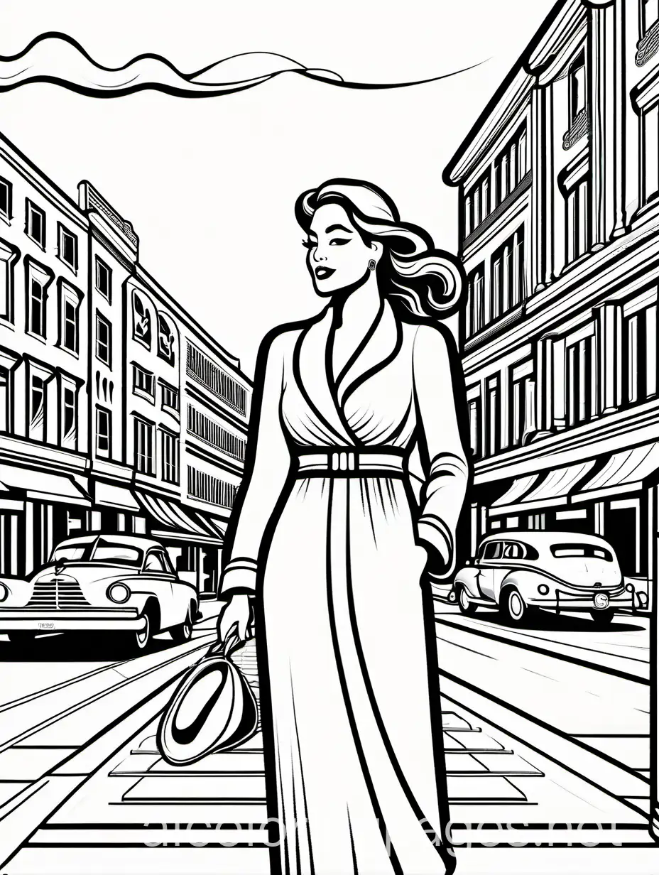 Depict a mother styled as diva / movie star. The scene is set in the city's picturesque scenery, like boulevards, city marina etc.. blending elements of sophistication and glamorous life alike to best movies scenes with the nurturing spirit of motherhood. , Coloring Page, black and white, line art, white background, Simplicity, Ample White Space.
