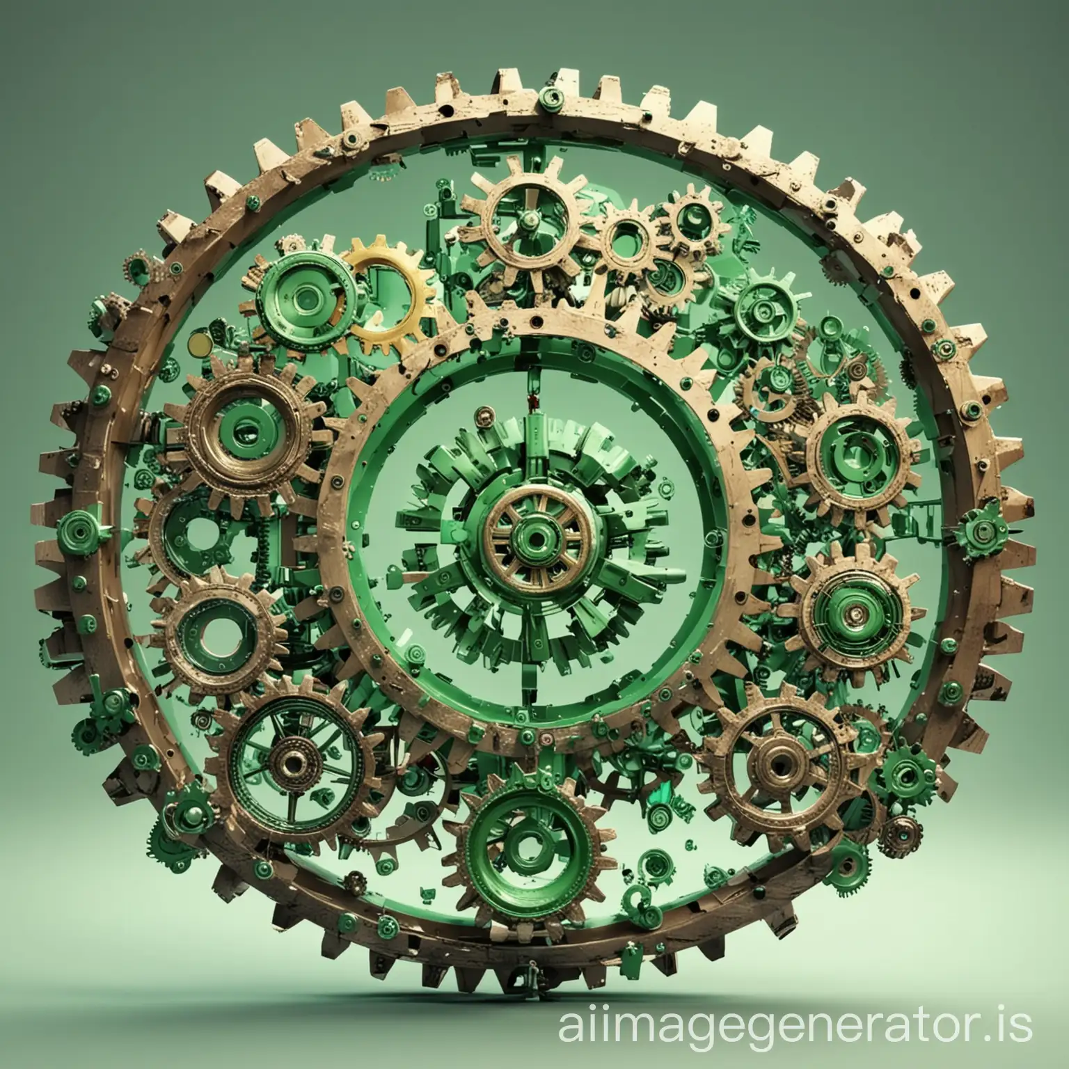 cogs displaying economic growth, AI/digitalization, inequality reduction, green technologies. The cogs should be animated, one filled with a symbol of each mentioned concept. Please revise the final image by removing the people and background, only showing the system of gears.