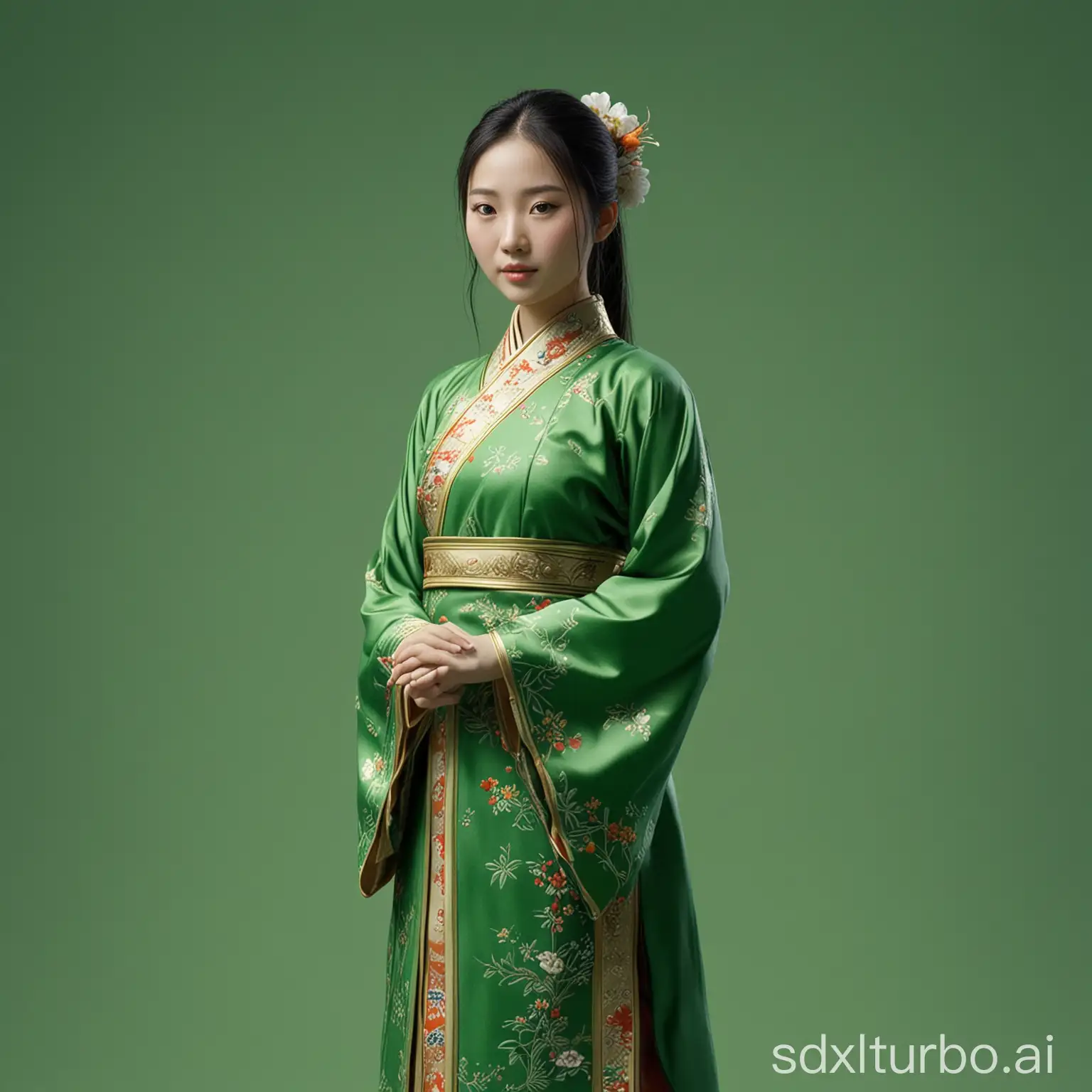 Full-body portrait of a beautiful Chinese girl standing against a green screen background, ultra-realistic, high definition, hyper-realistic style, intricate details, lifelike features, wearing traditional Chinese clothing, soft natural lighting, vibrant colors, 8K resolution
