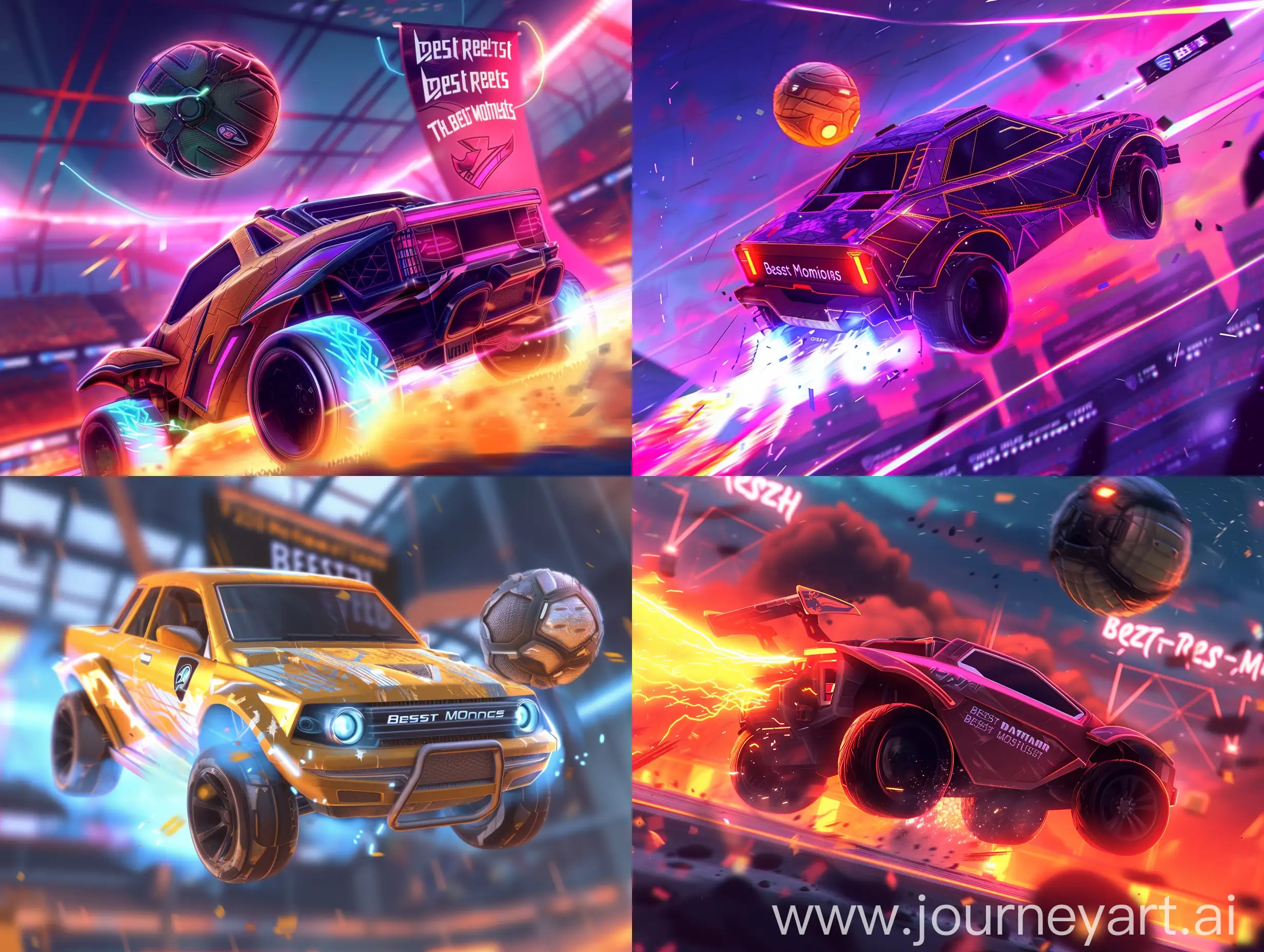 Make a banner for the event on the discord server for the Rocket League game. The event is called: the best replays. Imagine that the banner is made using 3D graphics, using shadows, glow, and the like. Choose the colors at your discretion. Also, do not forget to add the inscription: "beast moments", you can make it, for example, on a banner that will hang against the background of the car.
And the car itself can, as it were, fly after the ball.