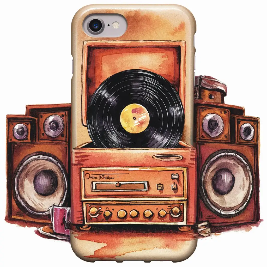 Vintage-Record-Player-with-Vinyl-Records-A-Colorful-Watercolor-Painting-for-Phone-Cases