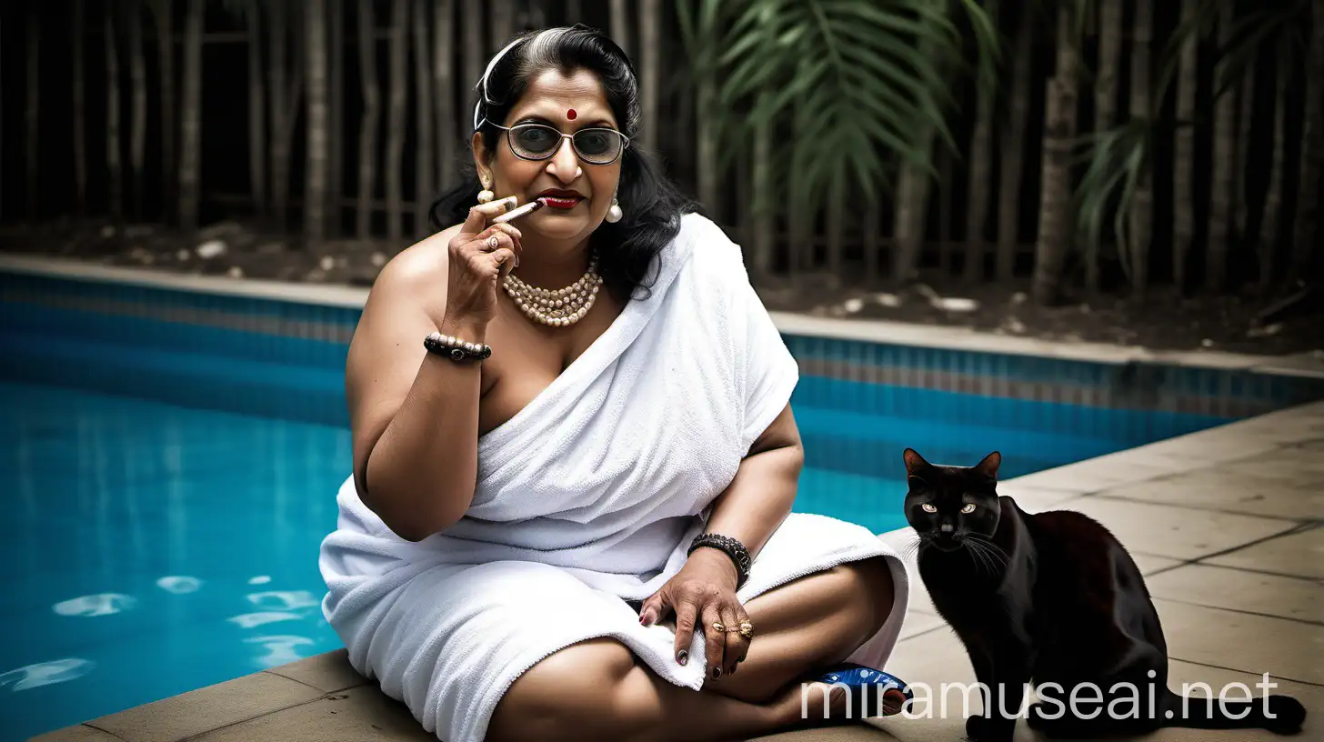 , a indian  desi mature  fat woman having big stomach age 49 years old attractive looks with make up on face ,binding her high volume hairs, Bun Hairstyle. wearing metal anklet on feet and high heels, smoking a cigar  in her hand  and a lighter , smoke is coming out from cigar  . she is happy and smiling. she is wearing pearl neck lace in her neck , earrings in ears, a power spectacles on her eyes and wearing  only a  white bath towel on her body. she is sitting with a big black cat in a swimming pool court yard.