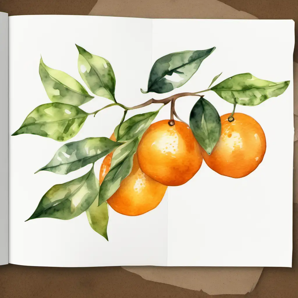 generate a hand painted watercolour clip art. in the middle of the page with a white border. of one single branch with three whole oranges and leaves