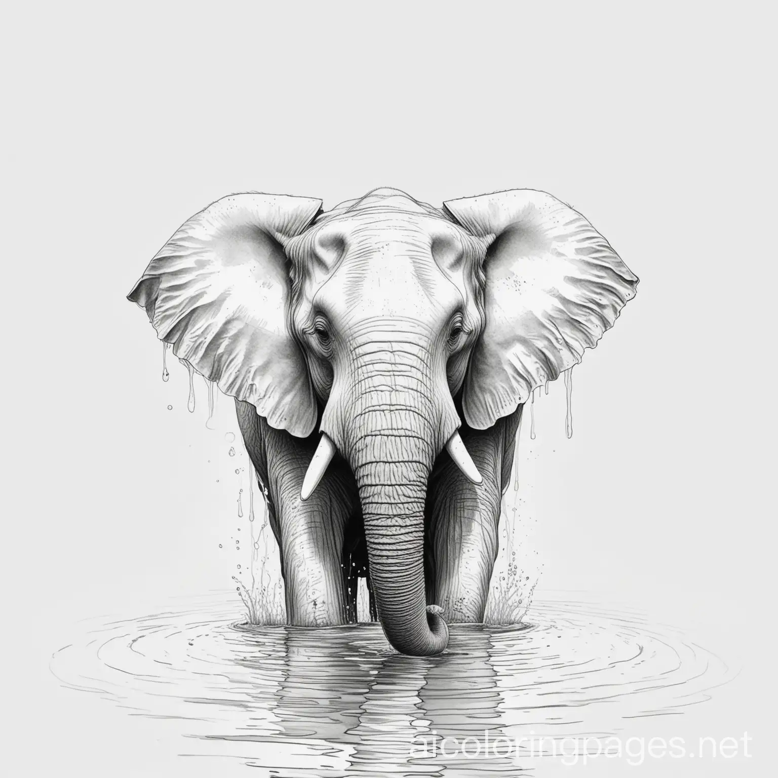 Flooded-Elephant-Coloring-Page-in-Black-and-White-Line-Art-on-White-Background
