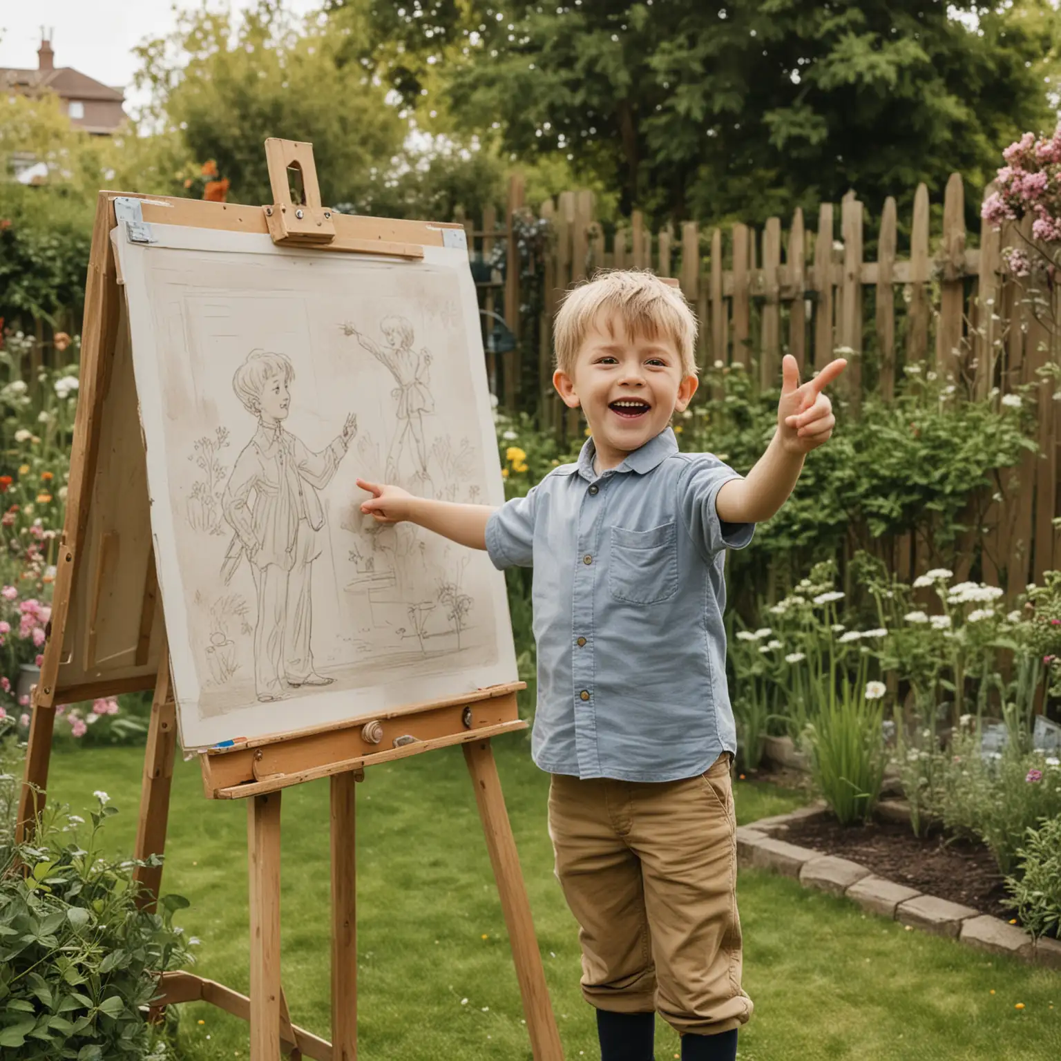 Excited Young Boy Pointing to Poster in Garden