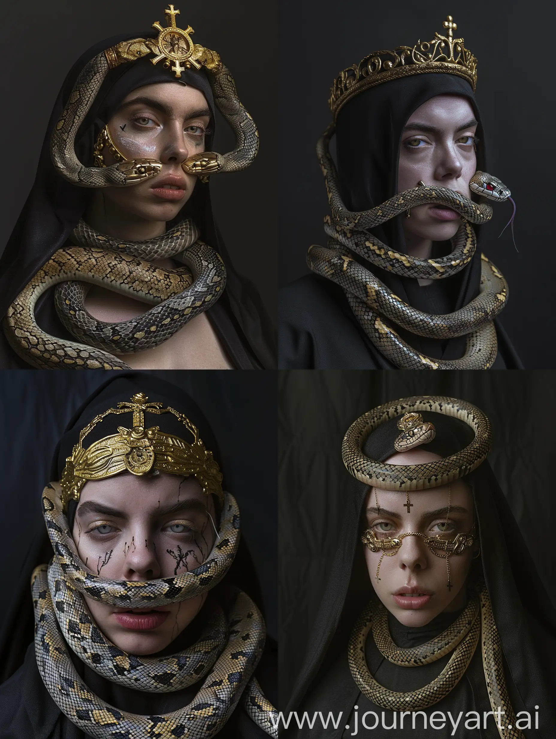 a woman with a snake wrapped around her face and a gold headpiece on her, billie eilish as a sad nun, billie eilish as a nun, dark queen of snakes, portrait of a holy necromancer, cyberpunk nun warrior, occult cyberpunk, overlord billie eilish, queen of snakes, award winning horror photography, orthodox cyberpunk, occult aesthetic, vampire nun, snake-face lady, priestess of the damned, female occultist, holy cyborg necromancer girl, an evil nun, occult inspired, ornate cosplay, snake woman