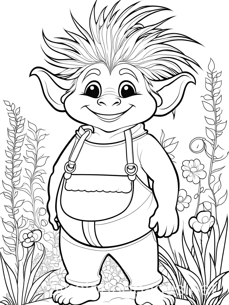 happy troll in the garden, wearing pants, crazy hair,, colouring page, infant, thick lines, ample white space., Coloring Page, black and white, line art, white background, Simplicity, Ample White Space