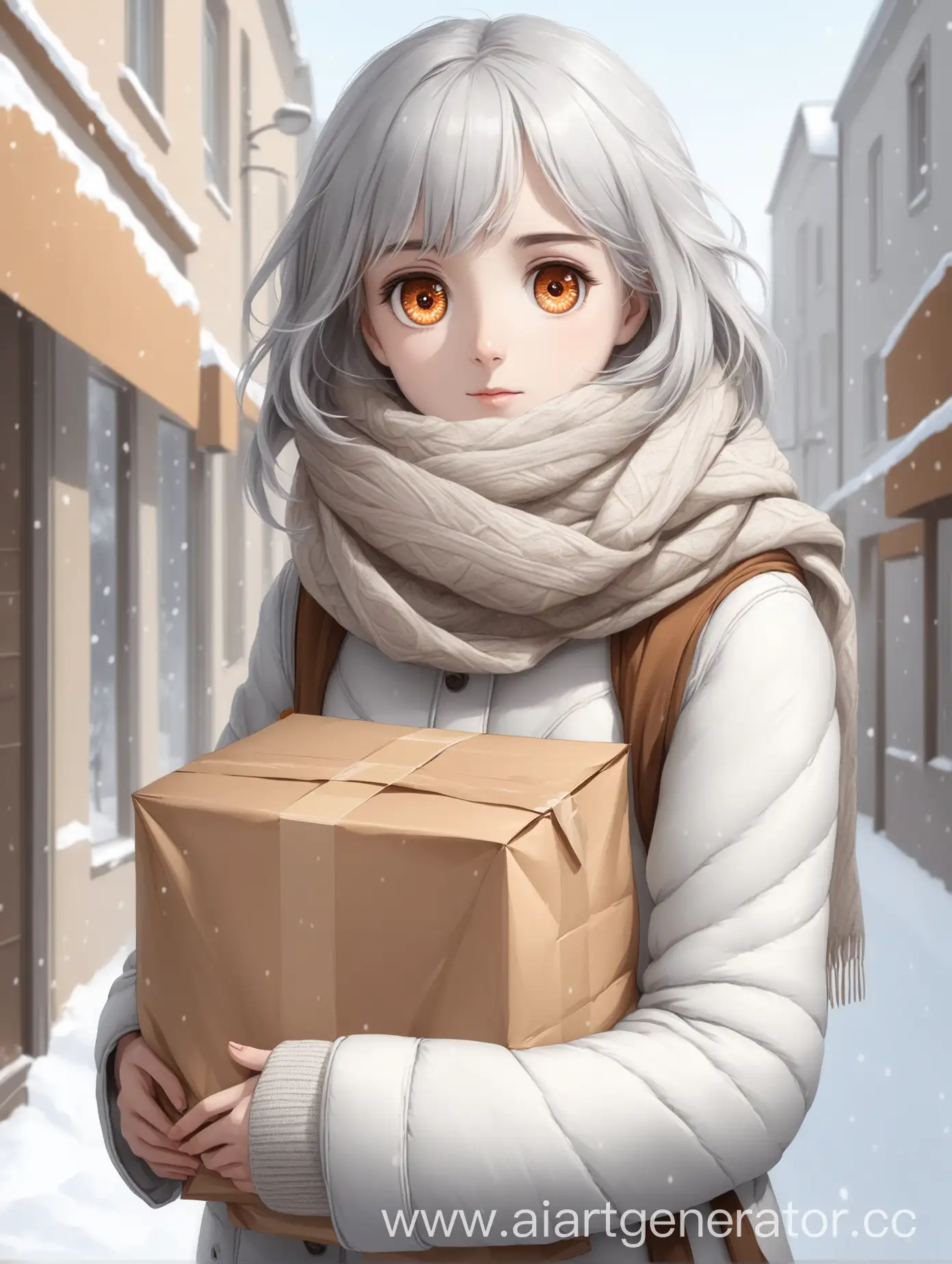 девушка в теплой одеждой и шарфиком несёт пакет с продуктами глаза серые волосы белые одежда коричневая шарф белый