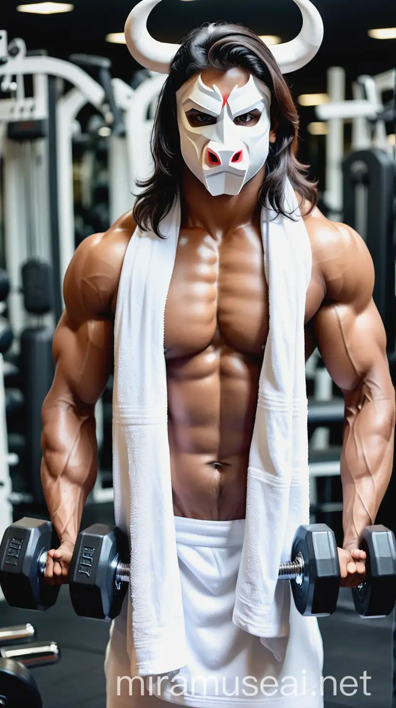a 21 years old young indian muscular man  with long hair wearing a white towel and holding two big dumbbells showing his muscular six packs  and covering his face with a  bull mask in luxurious gym 