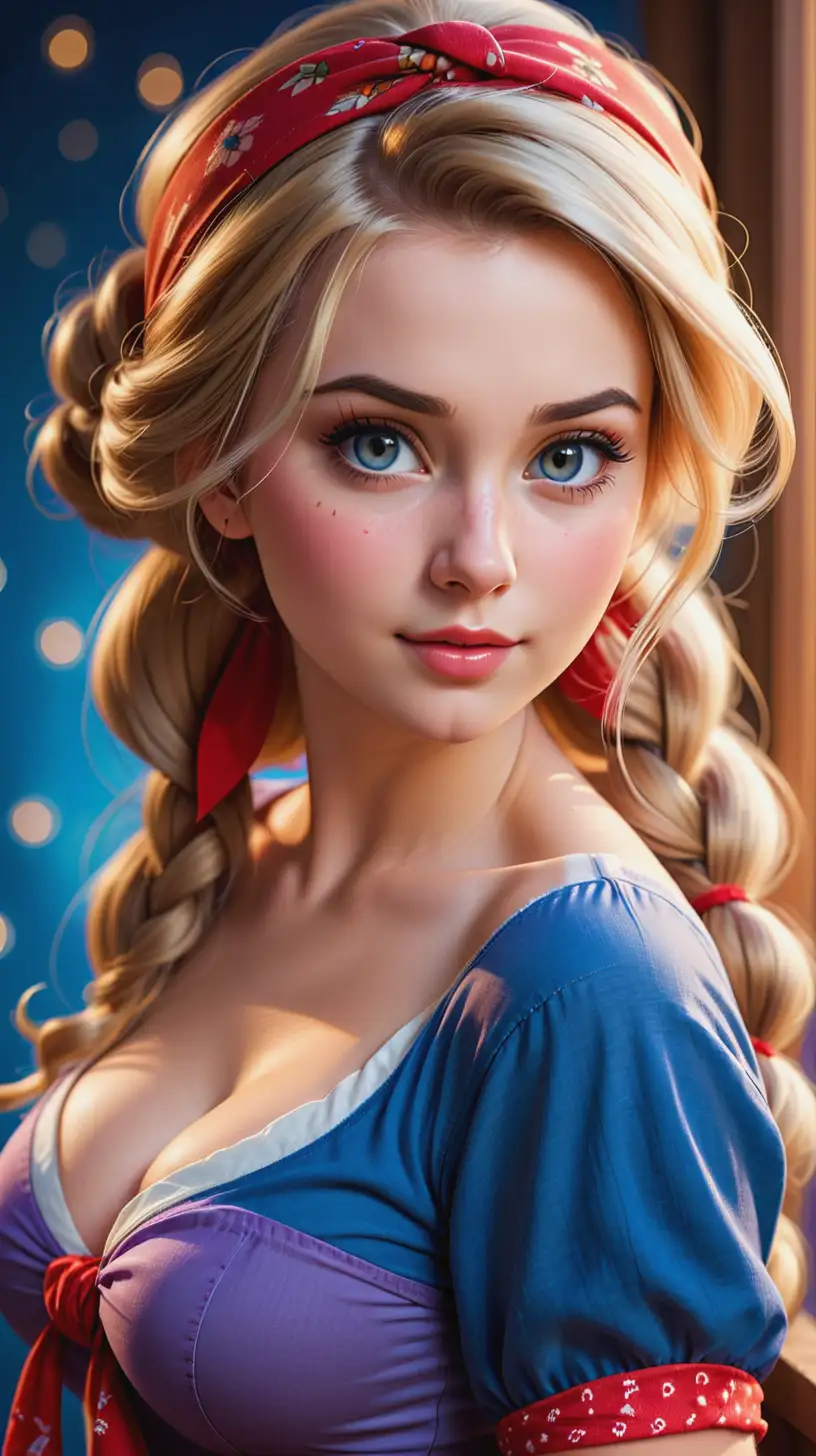Gorgeous Rapunzel as a pin up girl, very attractive face, highly detailed eyes, big breasts, skinny body, dark eye shadow, blonde hair in messy updo, wearing a red bandana and blue rolled sleeve shirt, bokeh background, soft light on face, rim lighting, photorealistic, hyper realistic, very high detail, extra wide photo, full body photo, aerial photo