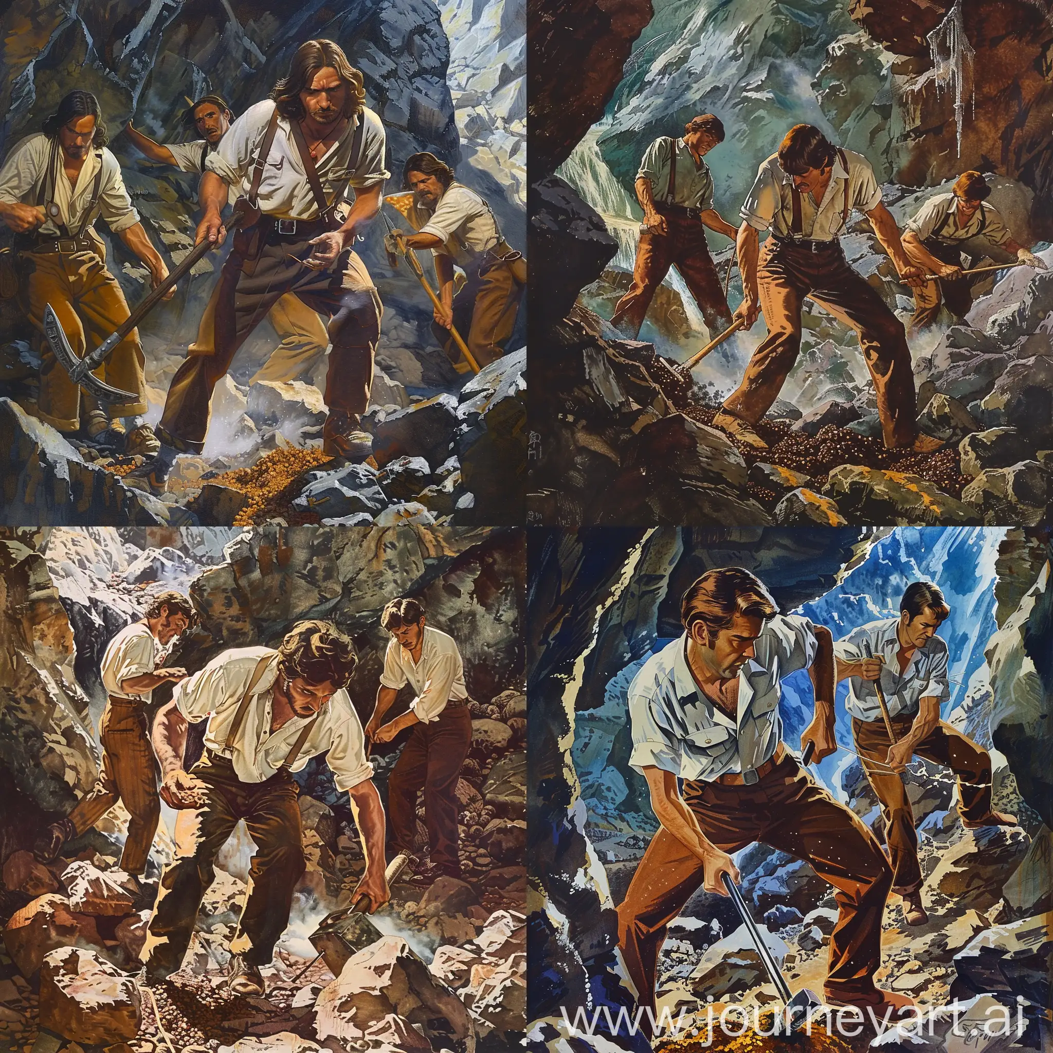 70s dark fantasy art; illustration of the men; brown hear; brown pants; white shirt; men mines ore with pickaxe; cave