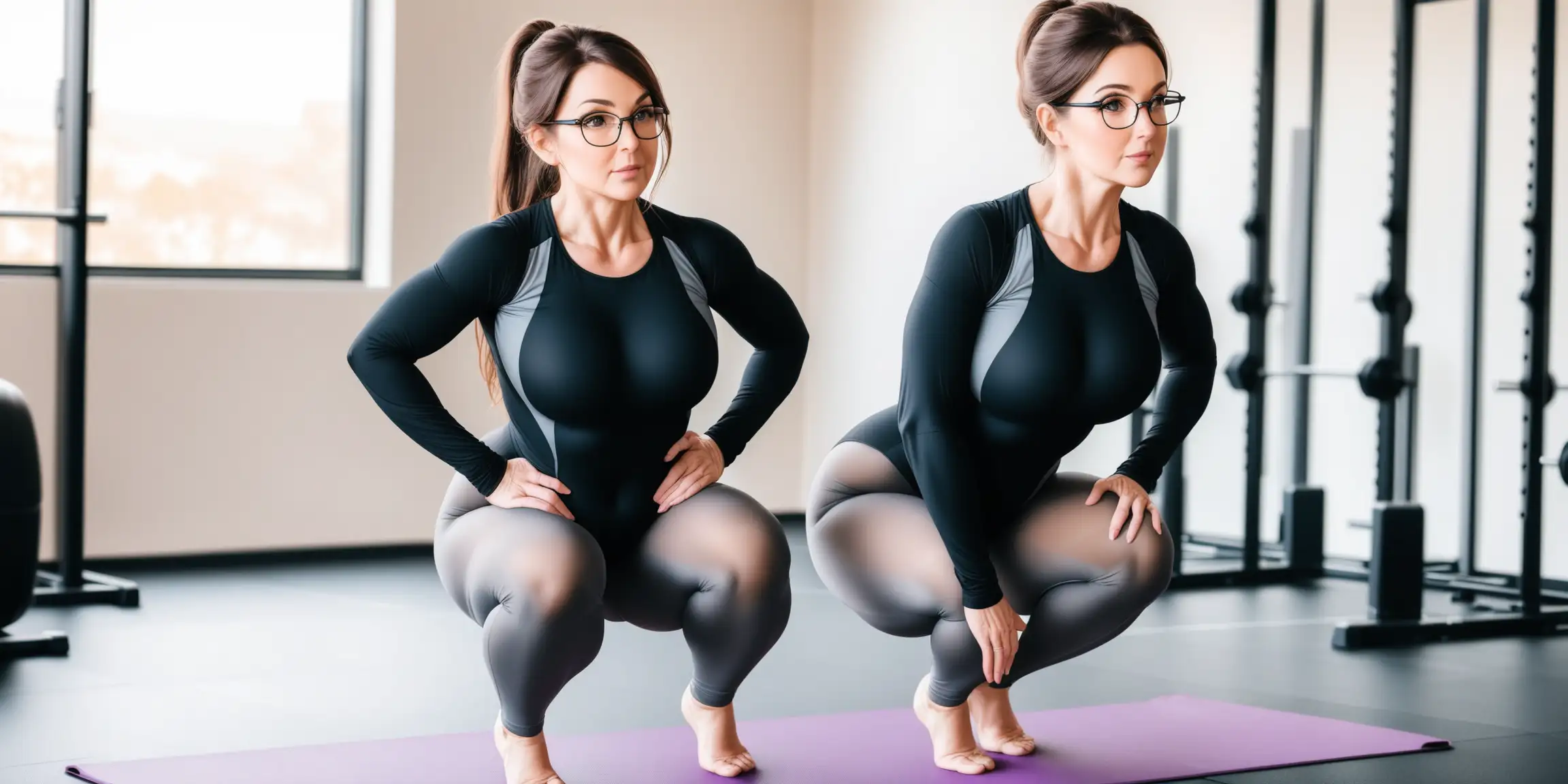 Curvy, Mature, Brunette, Glasses, wearing a Black Full Sleeve Leotard, Gray Pantyhose, Hands on Hips, exercises, bending her knees into a squatting position.