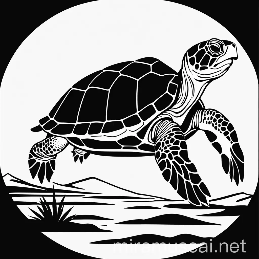 一只海龟的极简2D复古西部轮廓线条黑白画风，黑白剪贴画，简单绘画