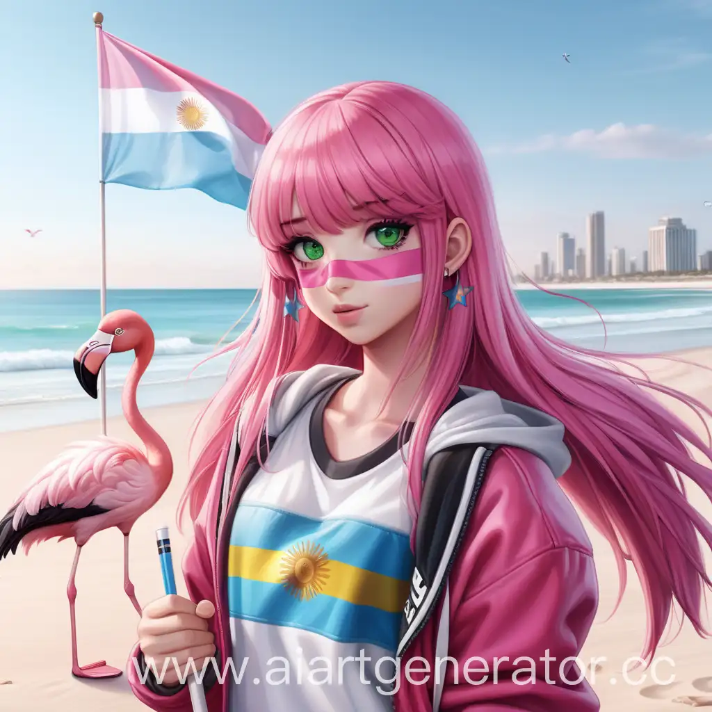 anthropomorphic flamingo girl age 17,pink skin,red jacket,white t-shirt,black beak,long pink hair,green eyes,holding Argentina Flag,on beach,4k