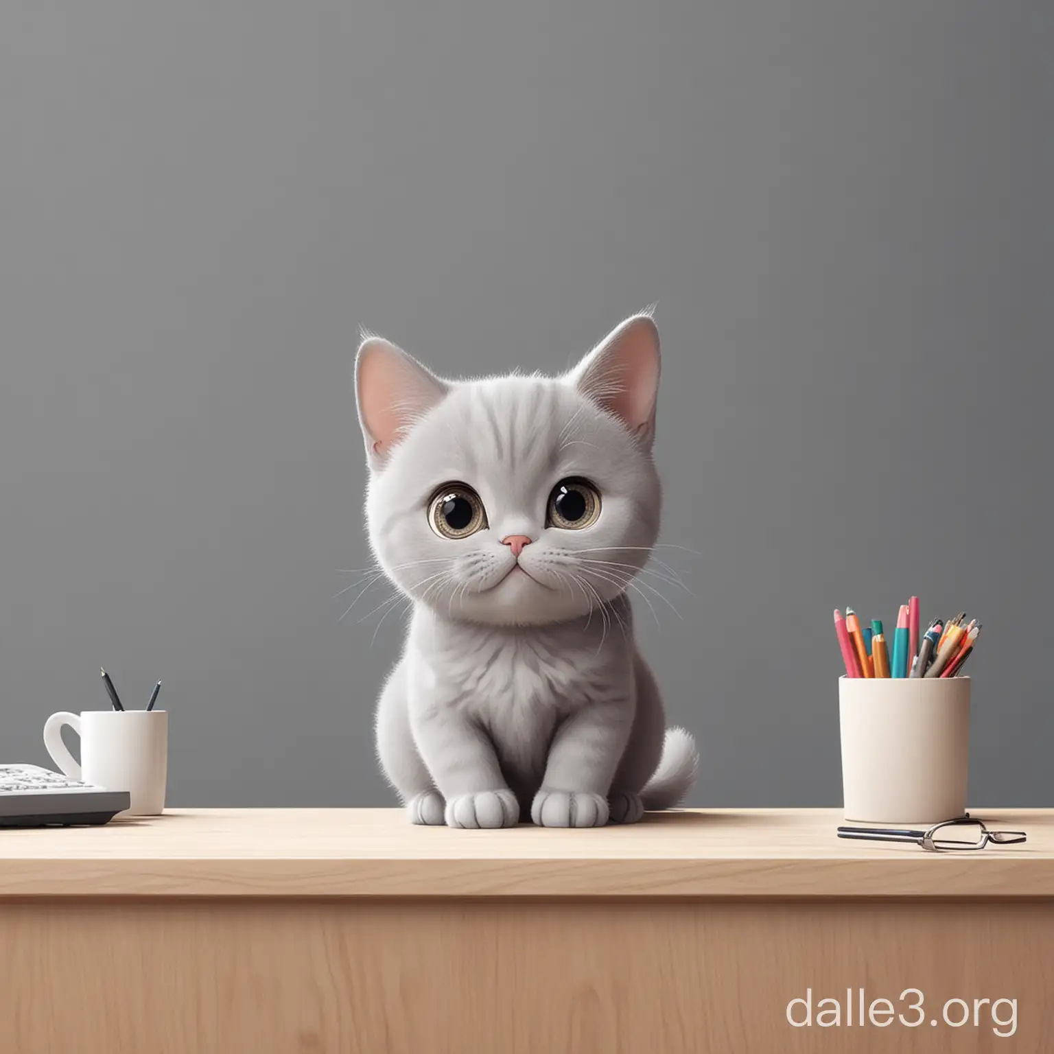 illustration of a cute gray cat, it office background, minimalist