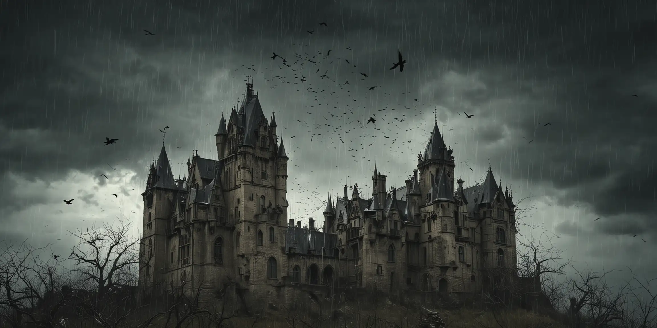 Eerie Gothic Castle in the Midst of a Storm with Crows and Cobwebs